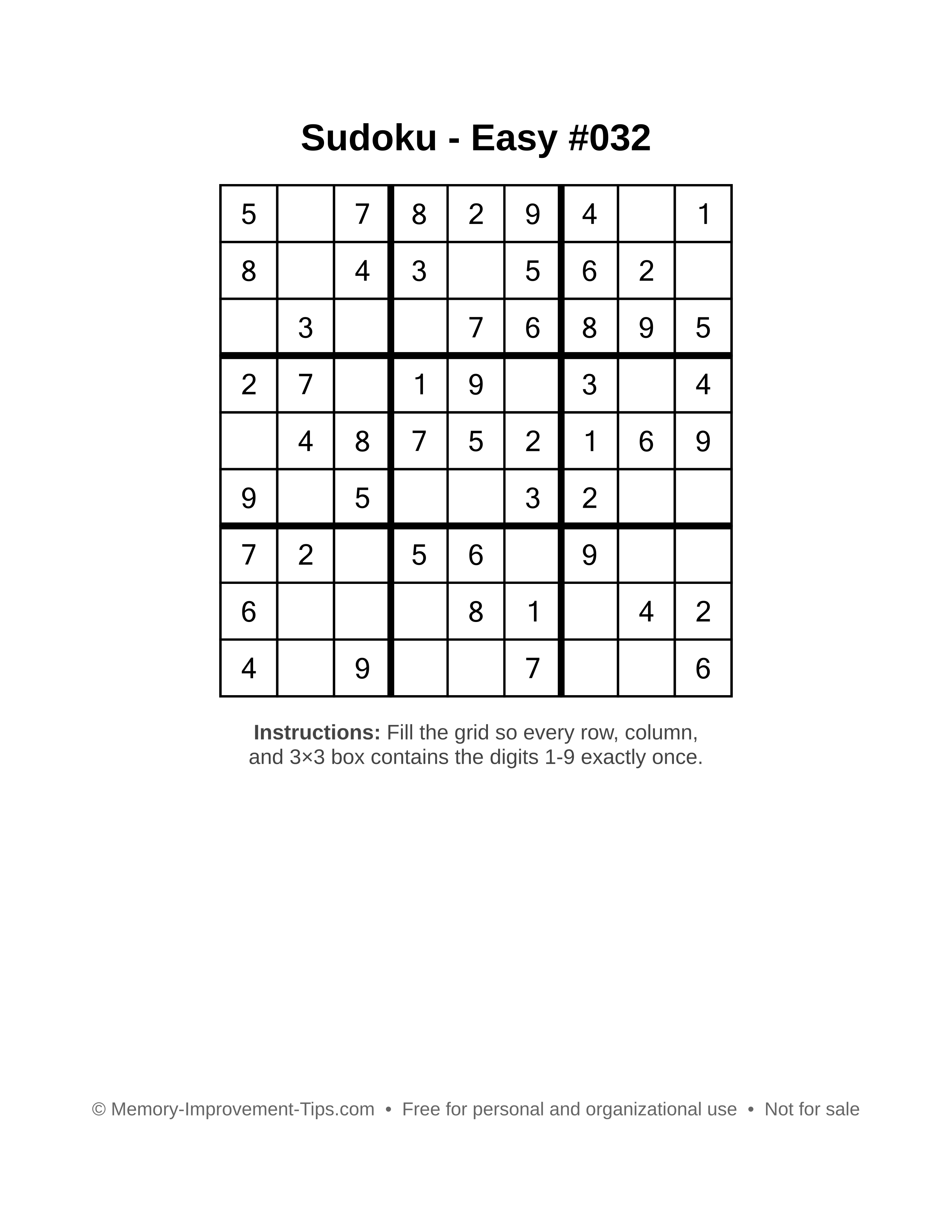 Free printable Sudoku puzzle Easy #032