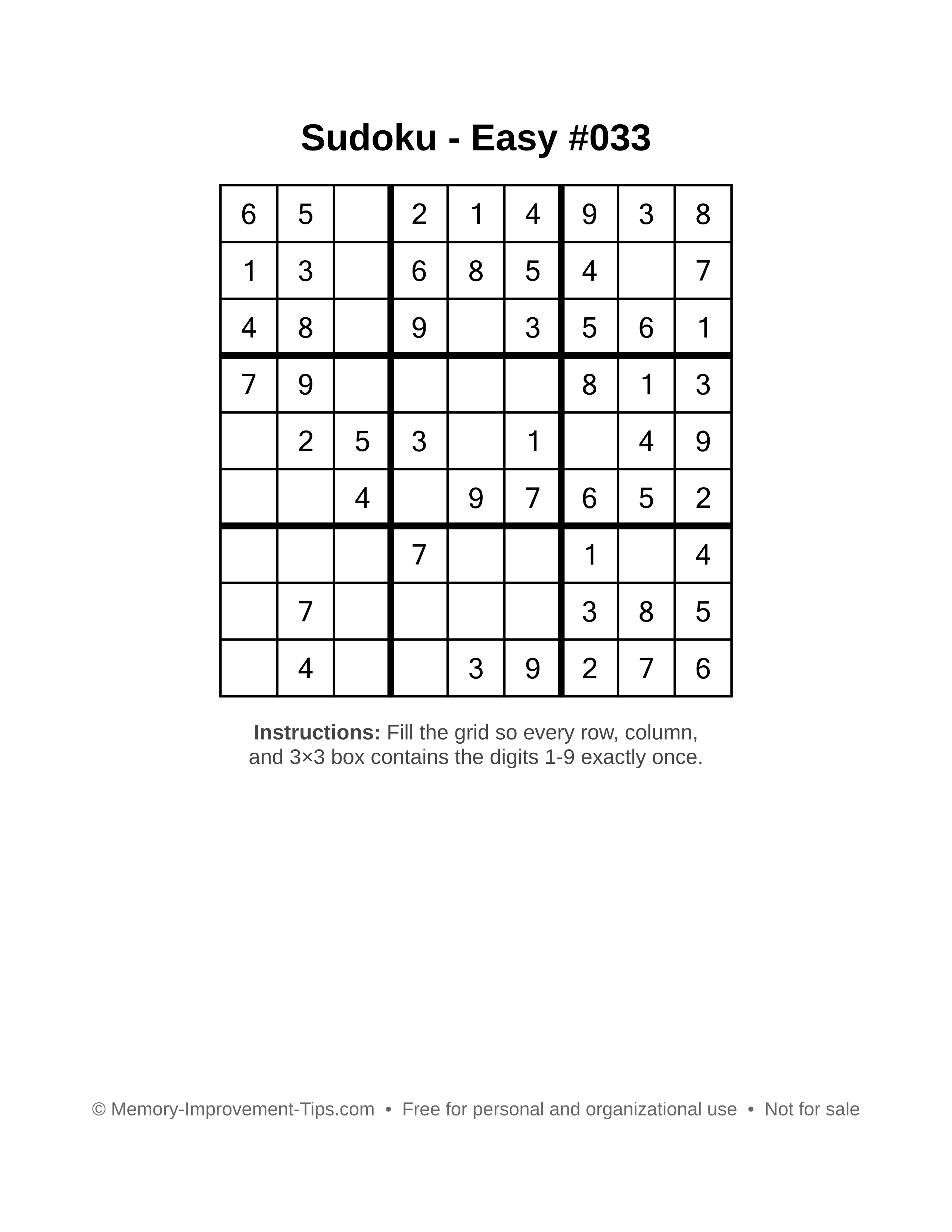 Free printable Sudoku puzzle Easy #033
