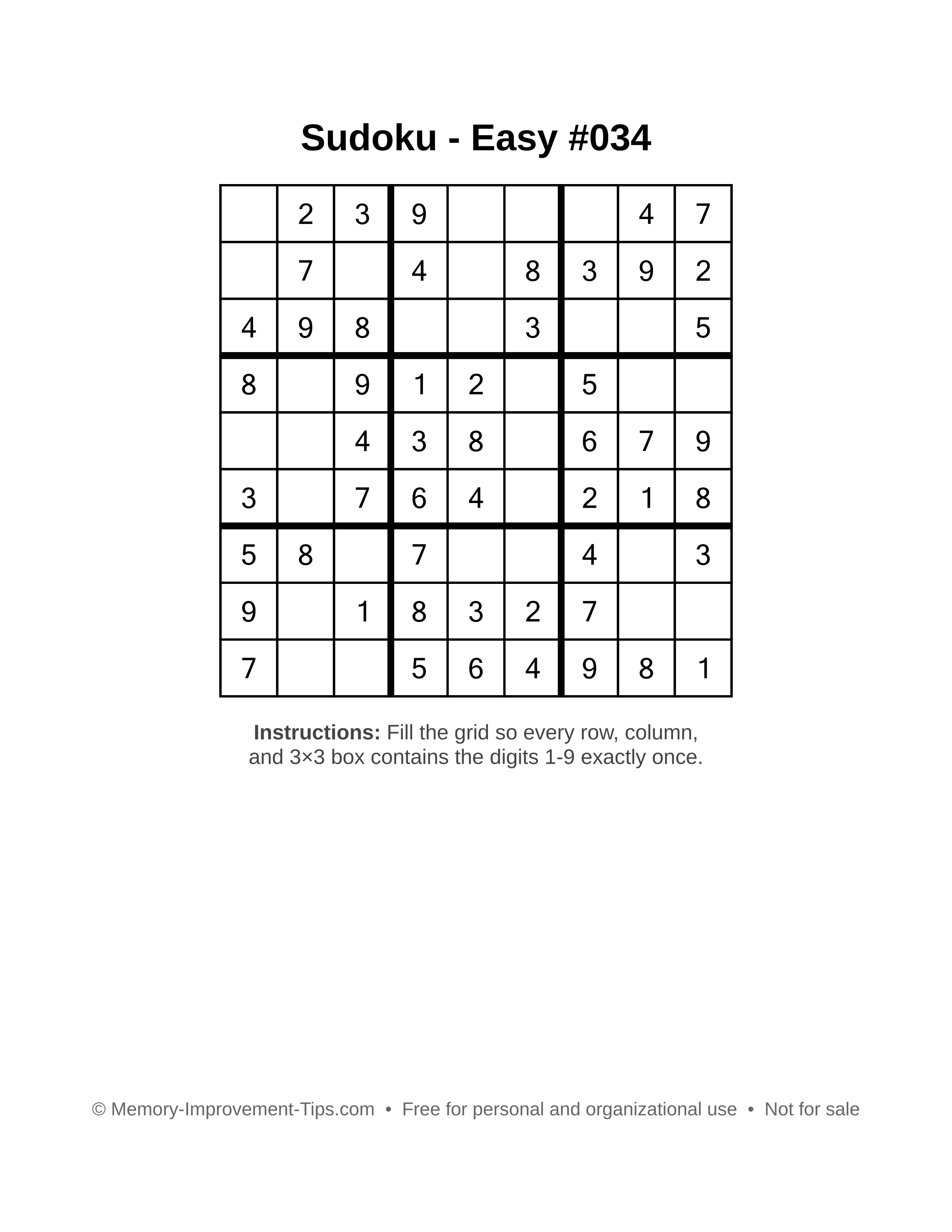 Free printable Sudoku puzzle Easy #034