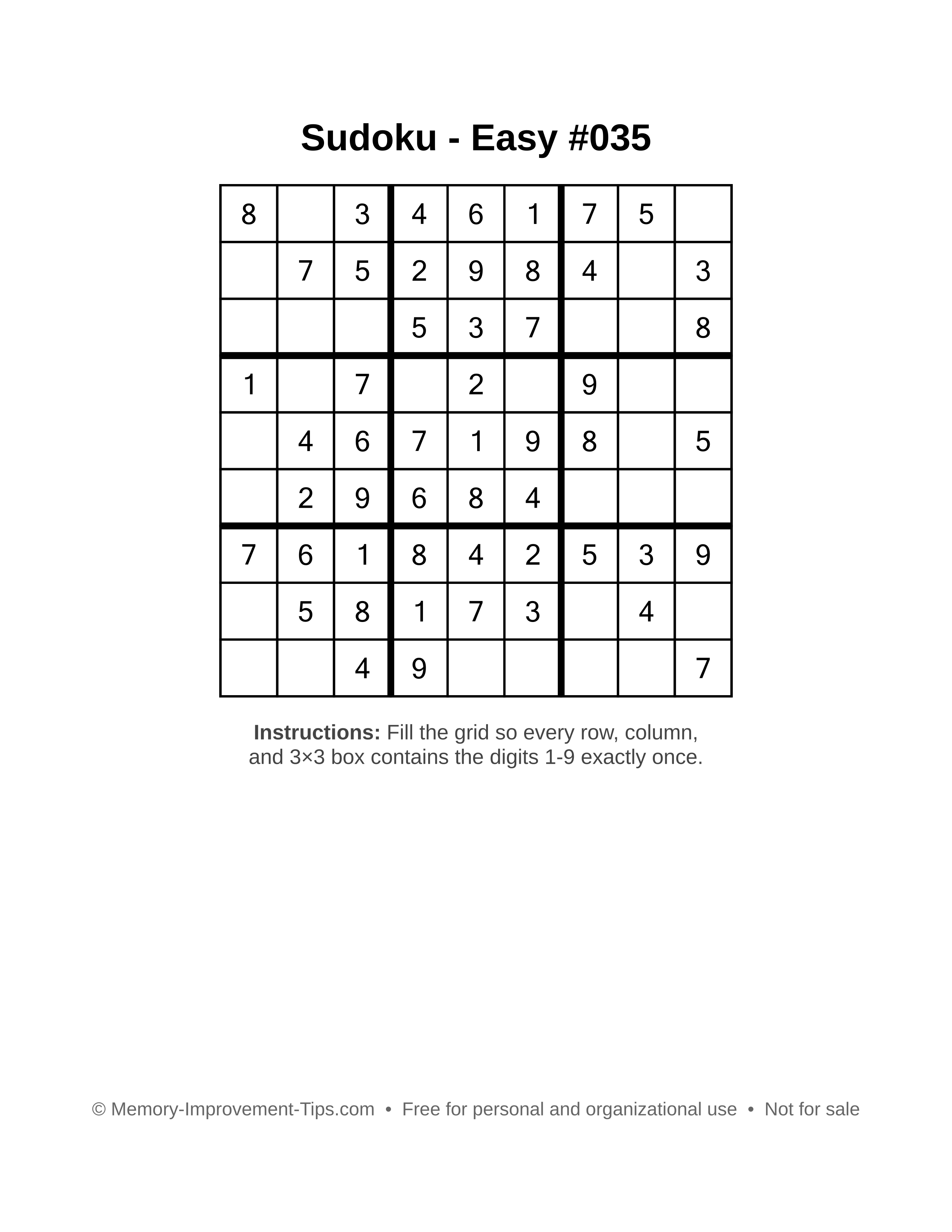 Free printable Sudoku puzzle Easy #035