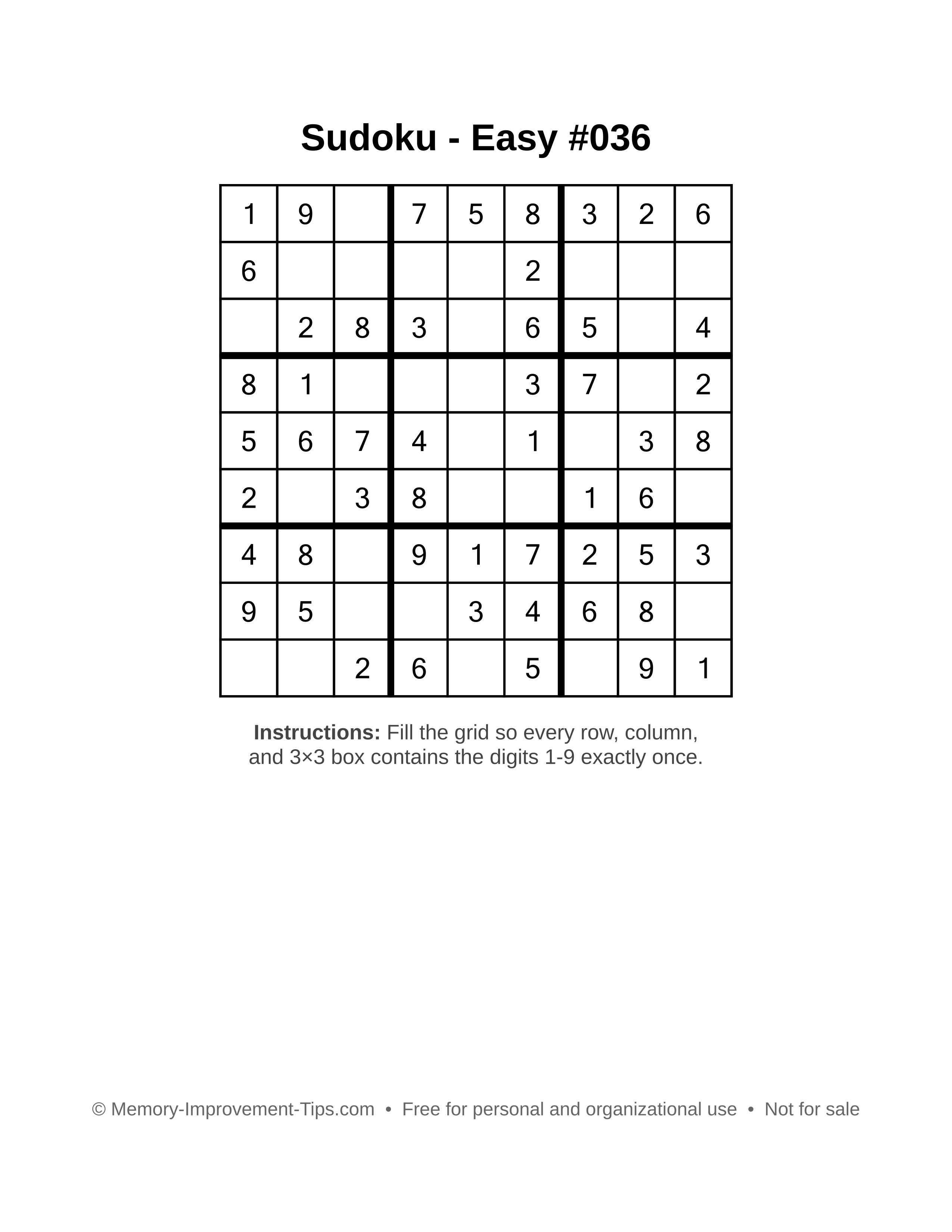 Free printable Sudoku puzzle Easy #036