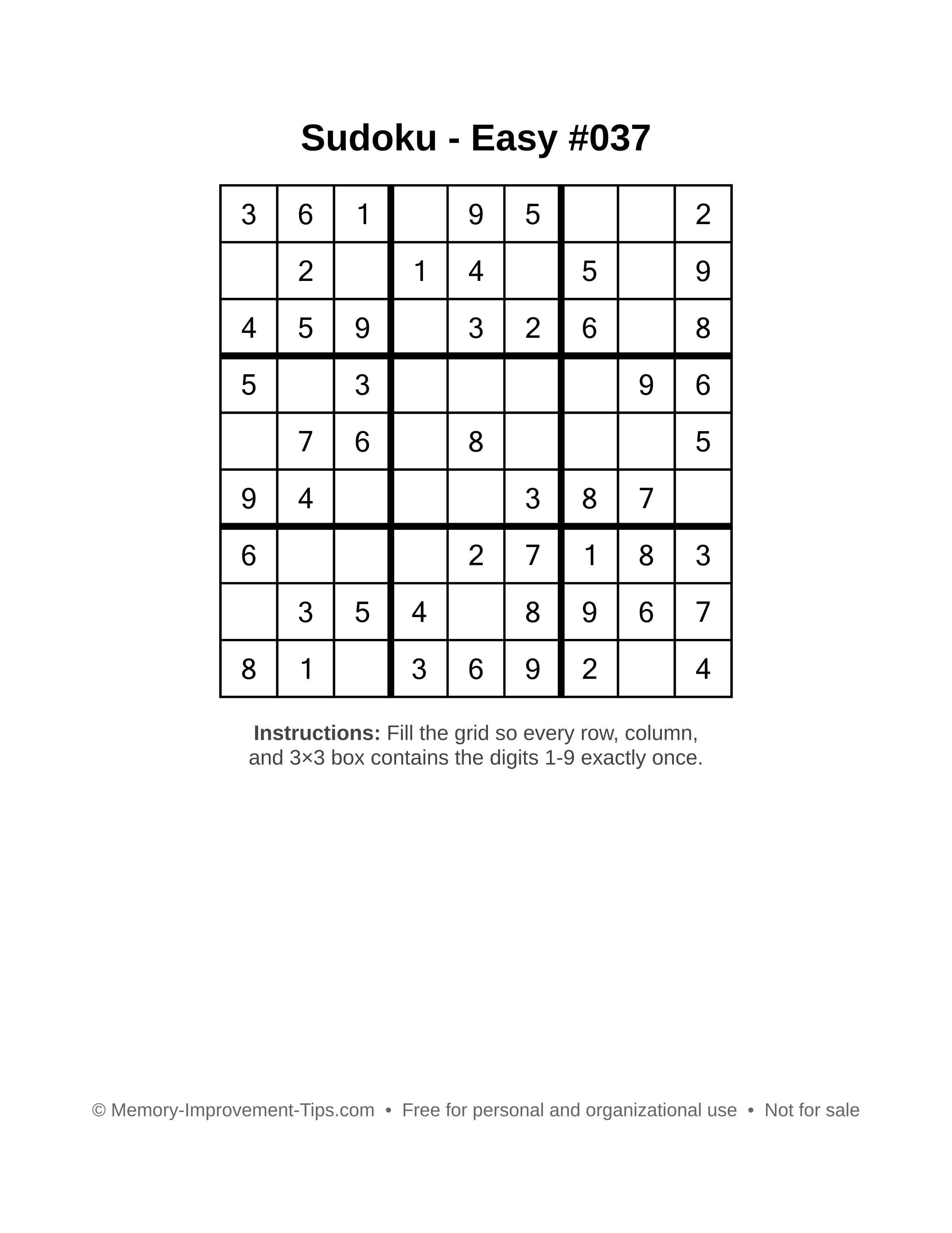 Free printable Sudoku puzzle Easy #037