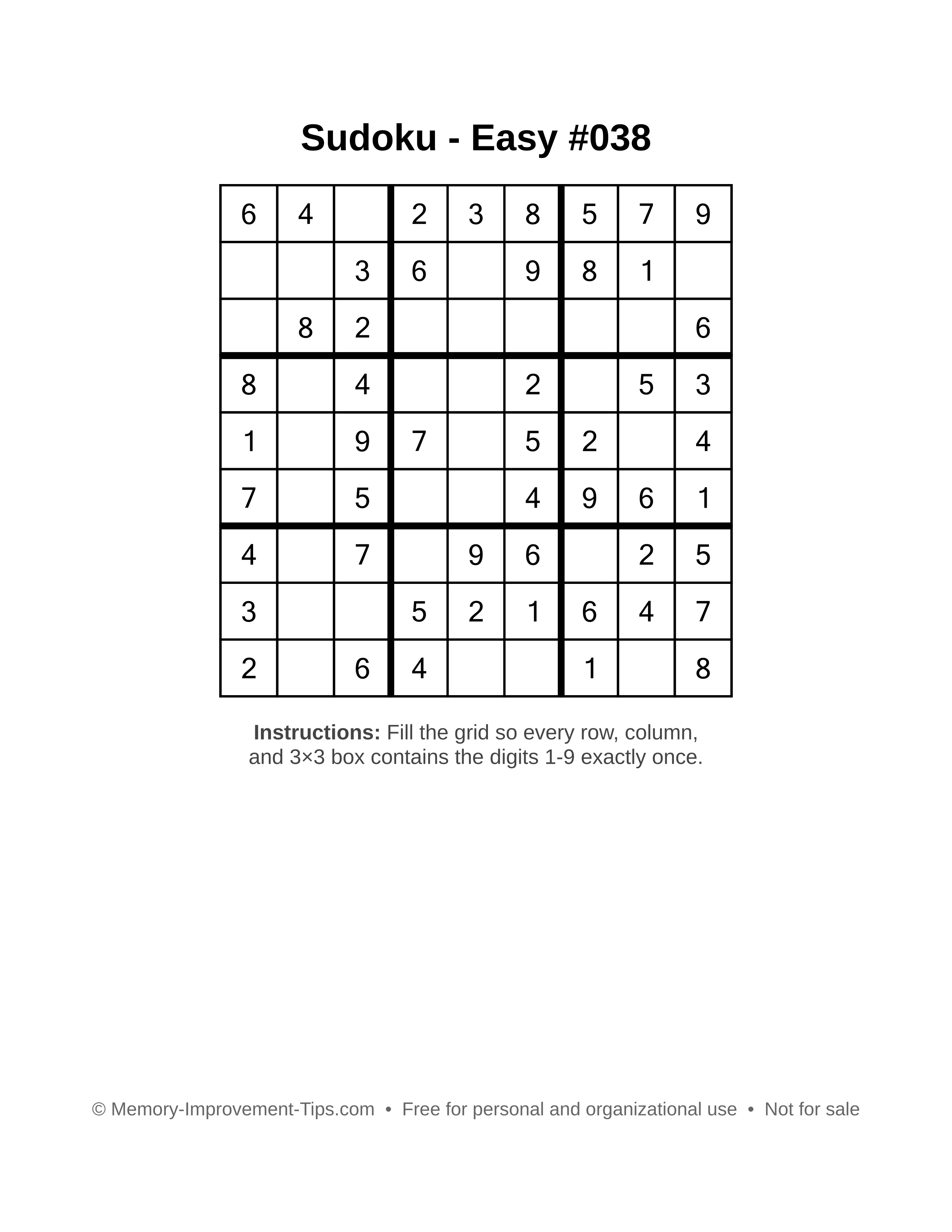 Free printable Sudoku puzzle Easy #038