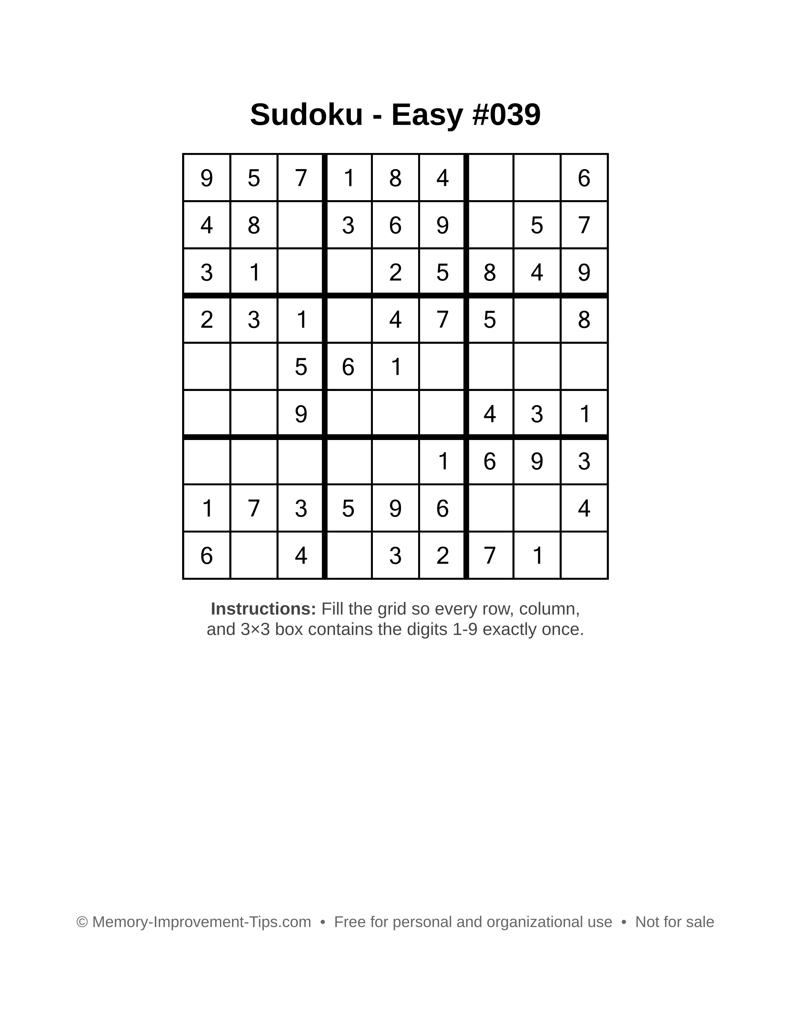 Free printable Sudoku puzzle Easy #039