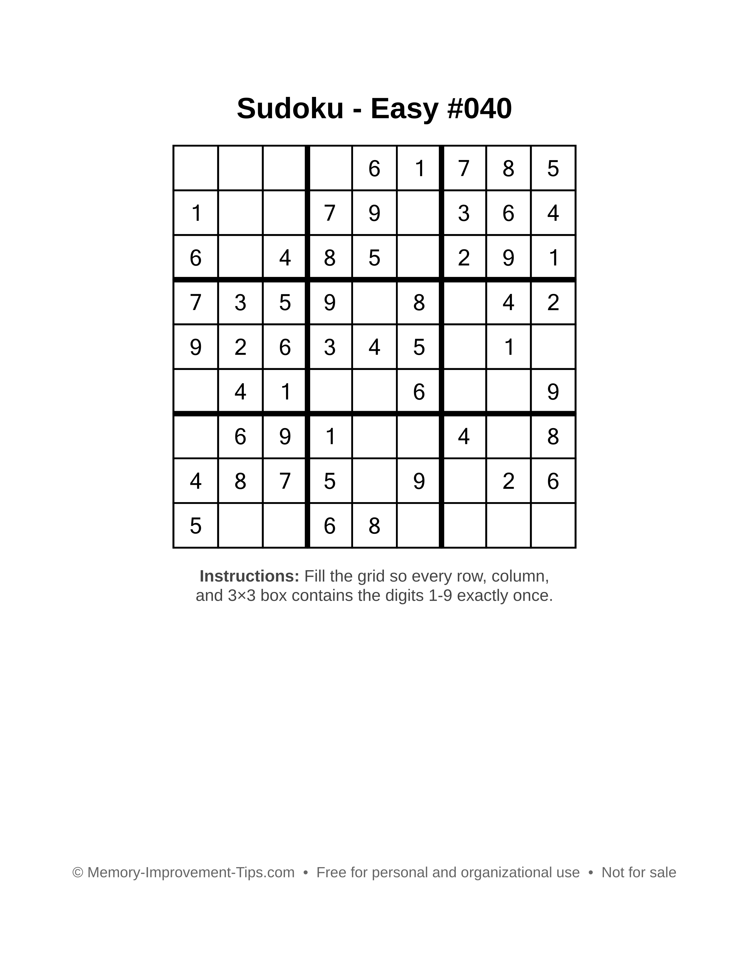 Free printable Sudoku puzzle Easy #040