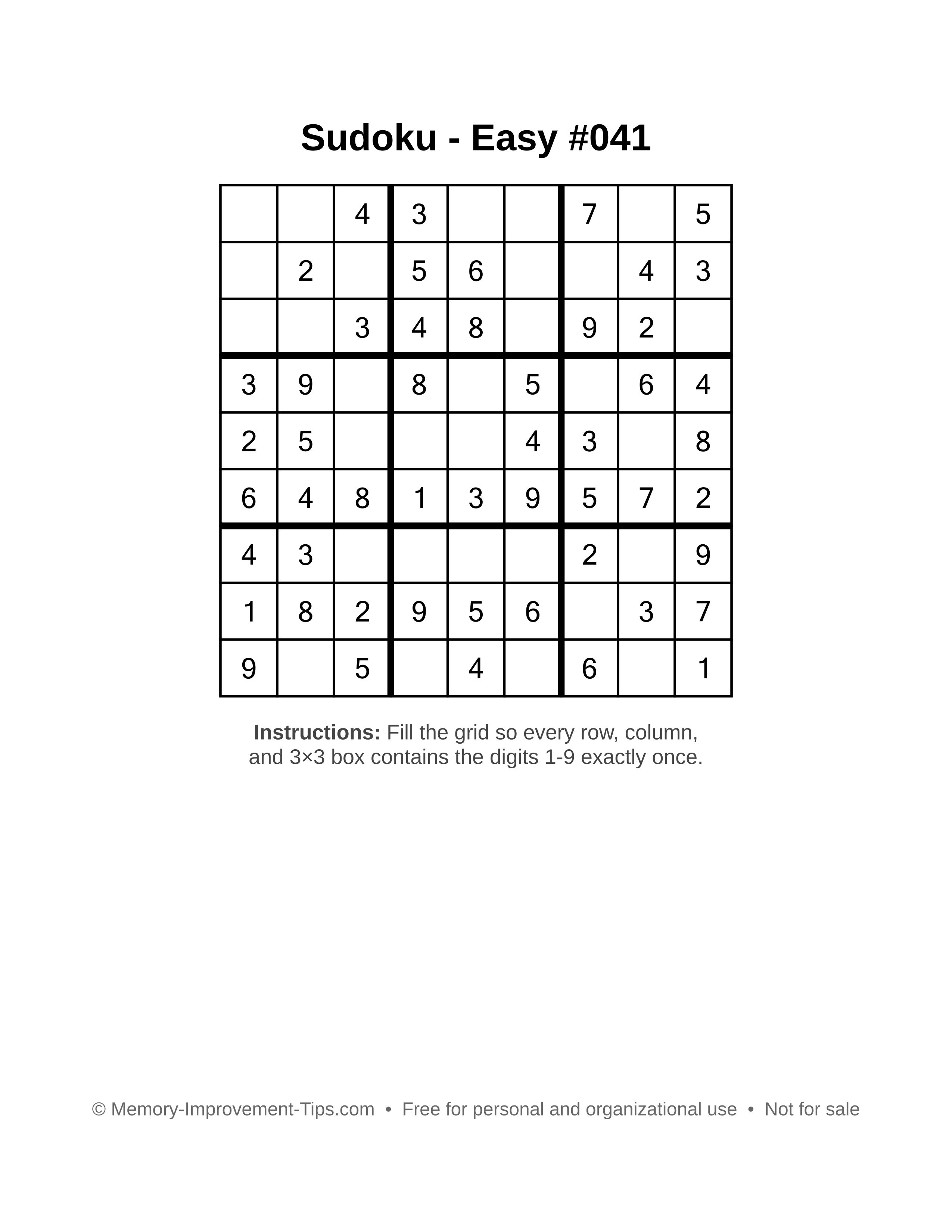 Free printable Sudoku puzzle Easy #041