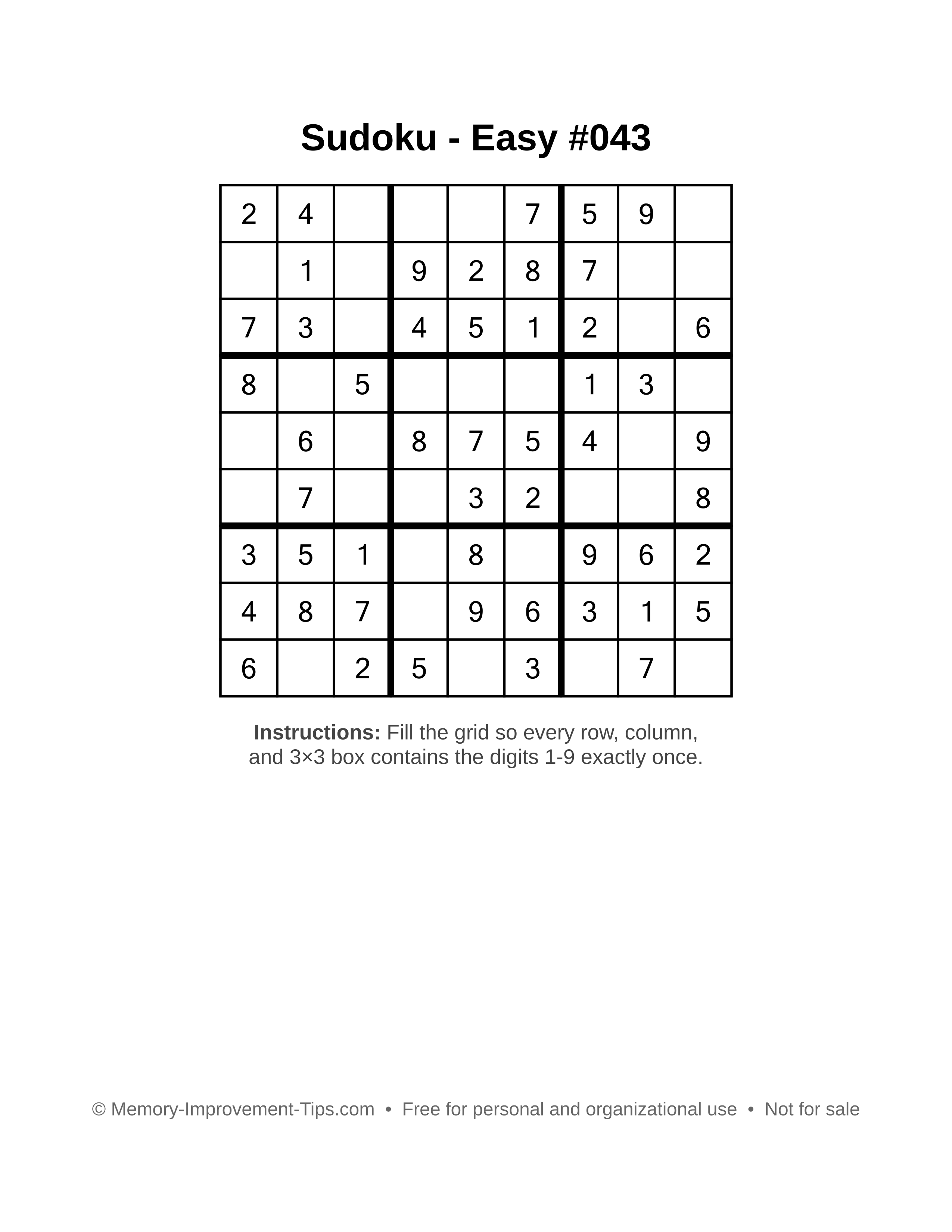 Free printable Sudoku puzzle Easy #043