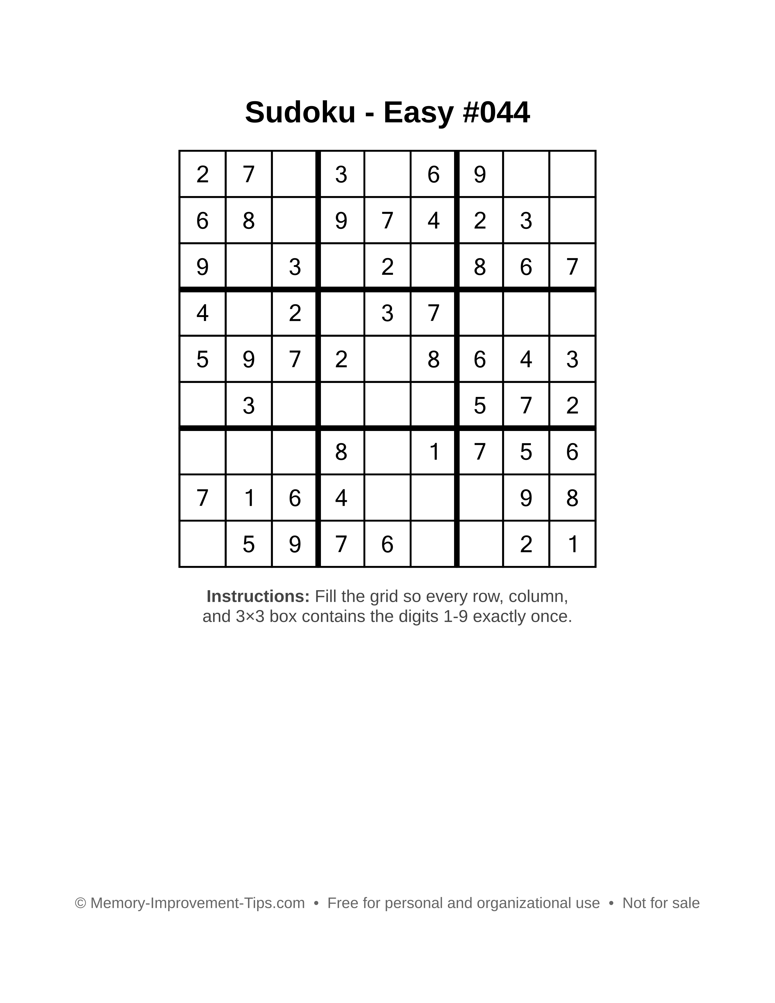 Free printable Sudoku puzzle Easy #044