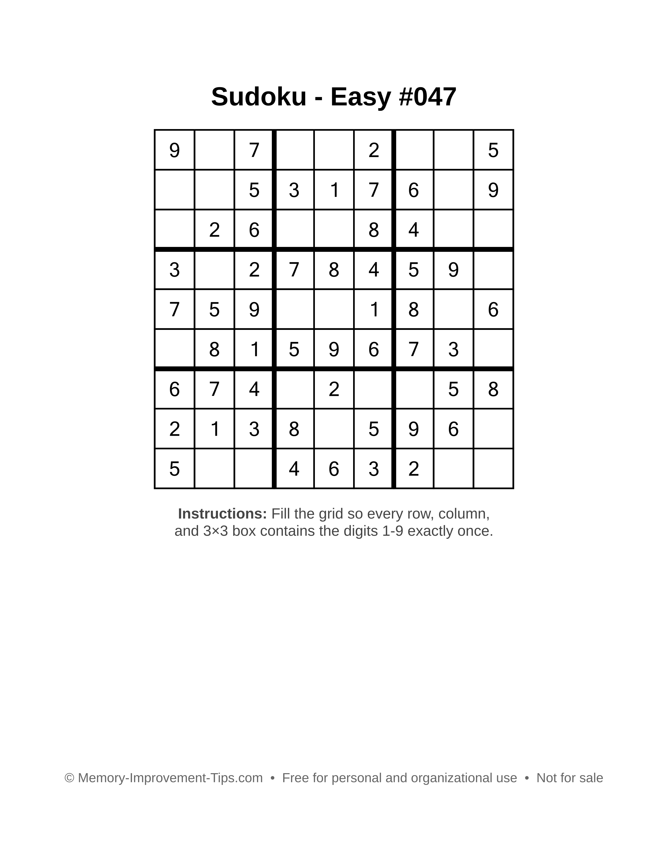 Free printable Sudoku puzzle Easy #047