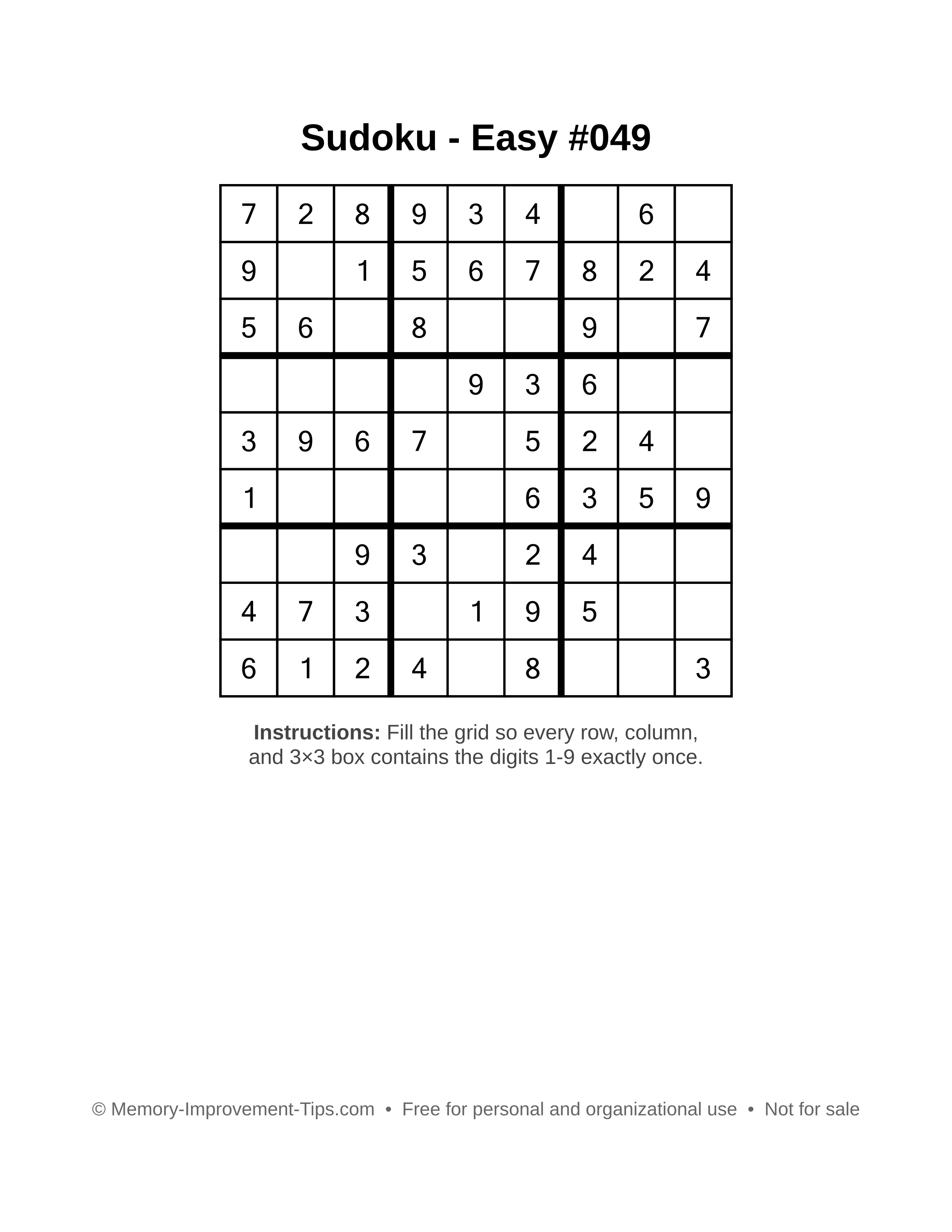 Free printable Sudoku puzzle Easy #049