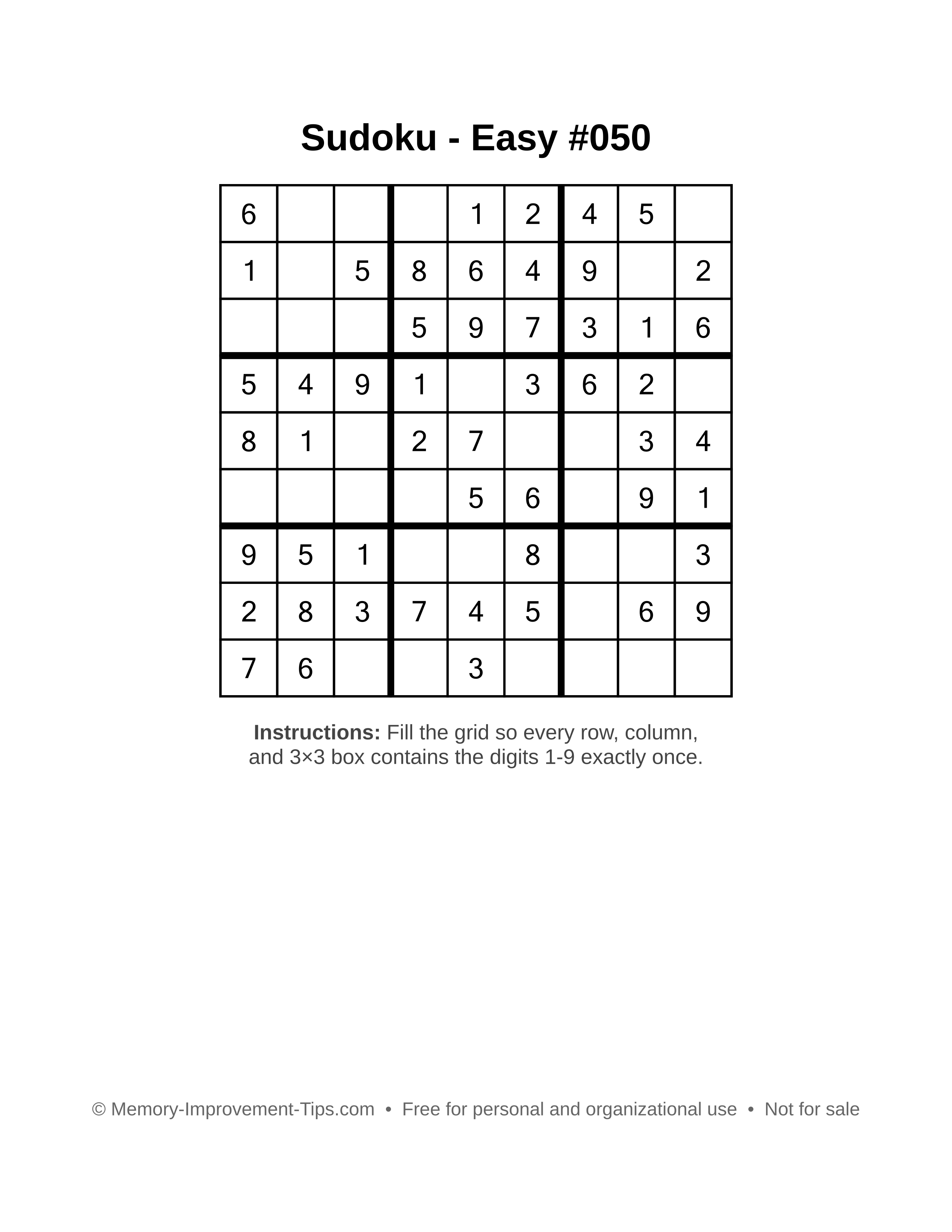 Free printable Sudoku puzzle Easy #050
