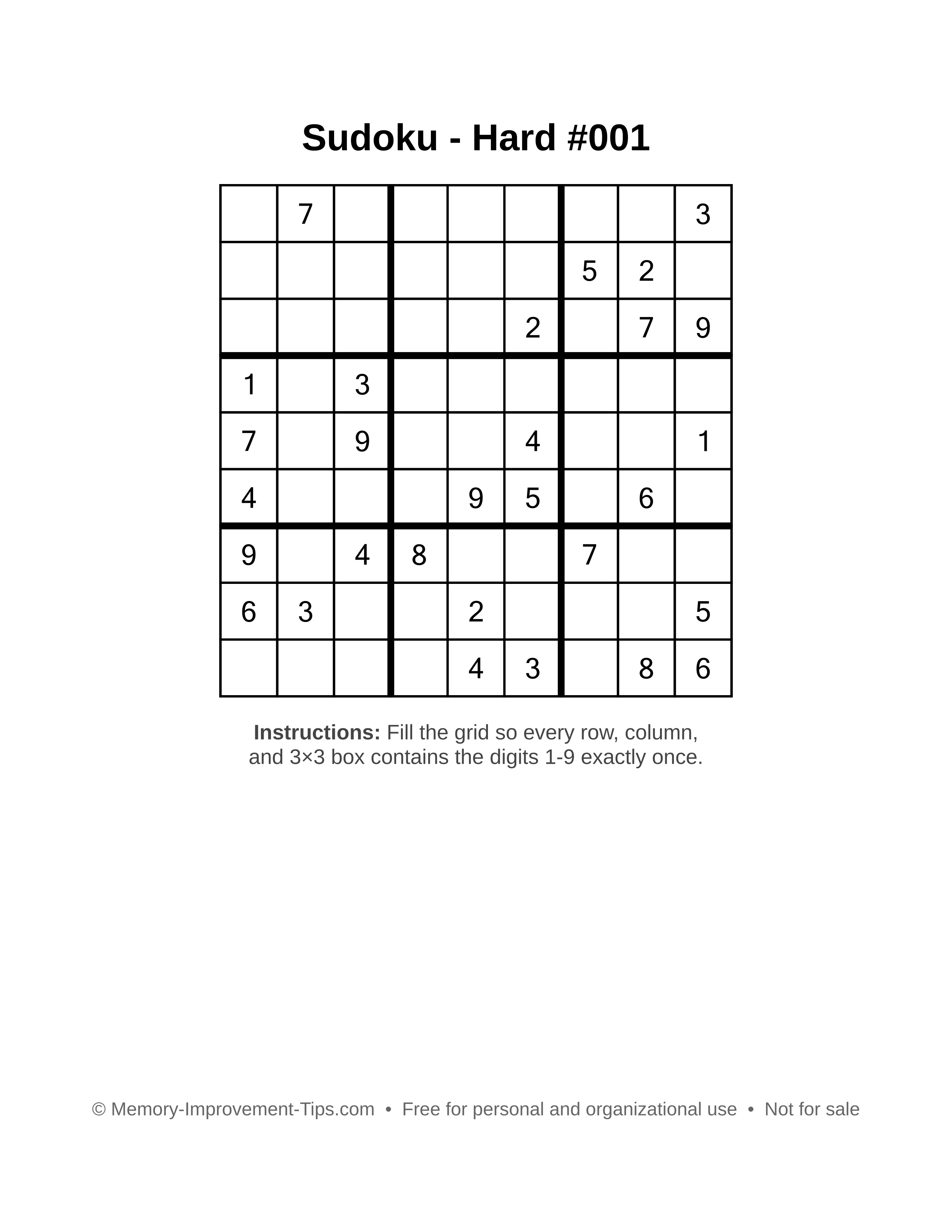 Free printable Sudoku puzzle Hard #001