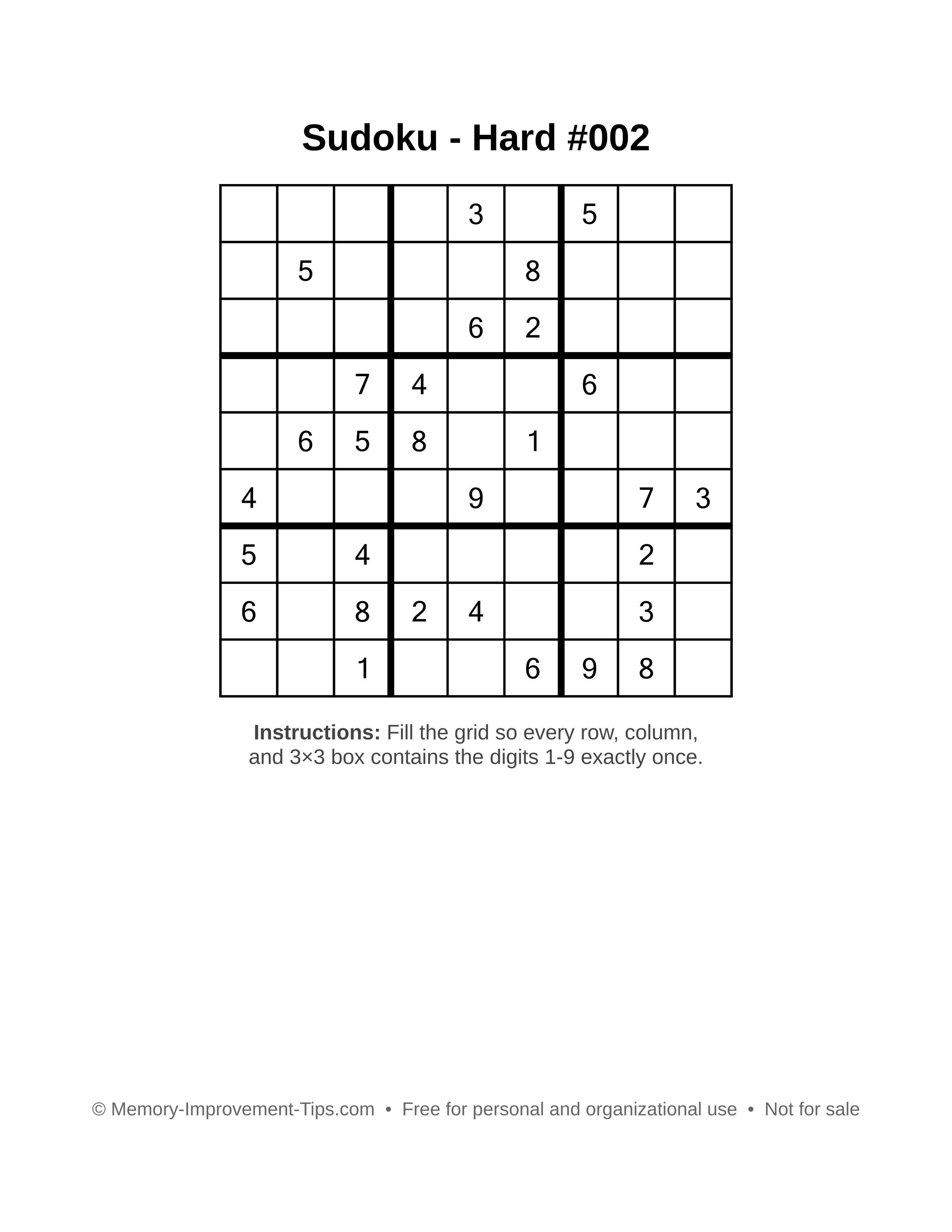 Free printable Sudoku puzzle Hard #002