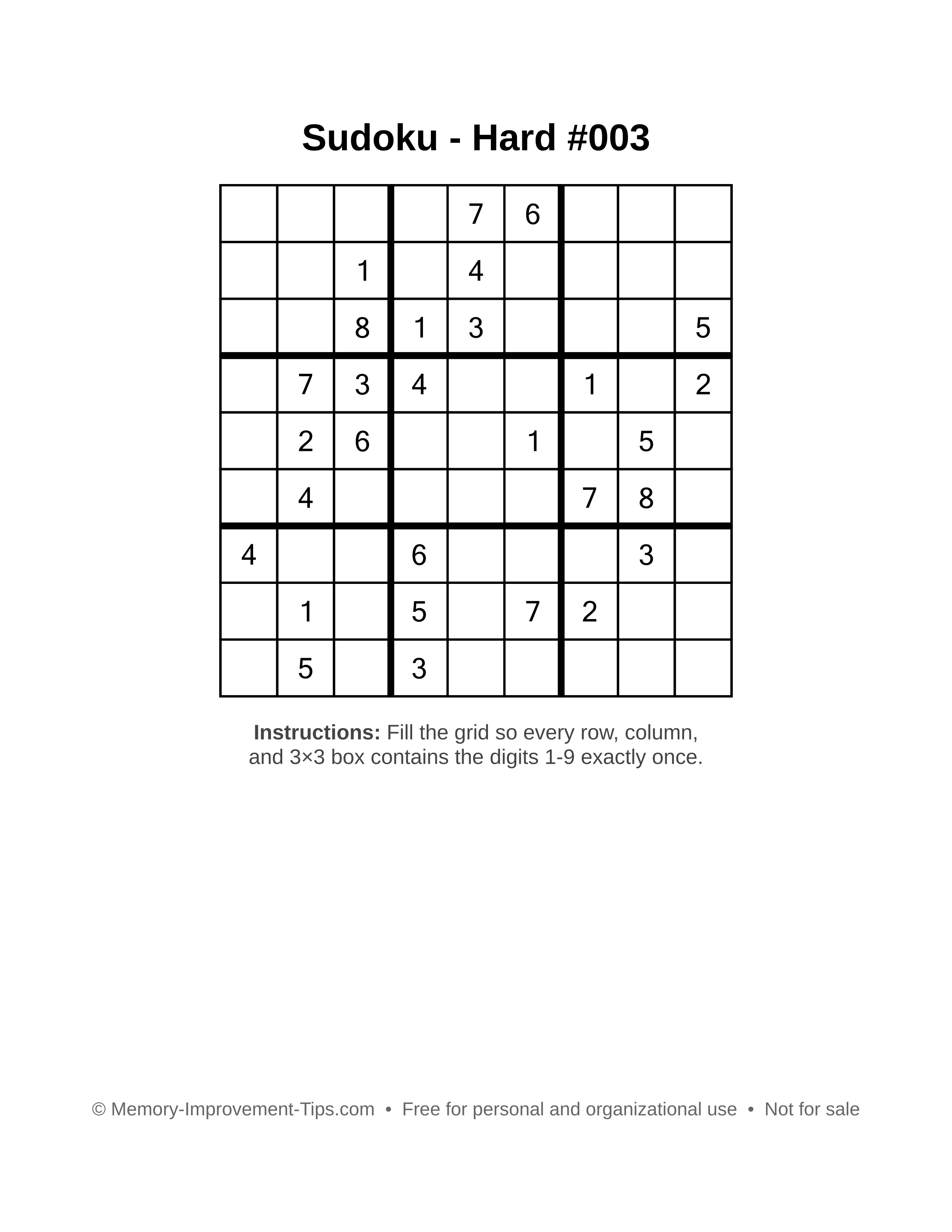 Free printable Sudoku puzzle Hard #003