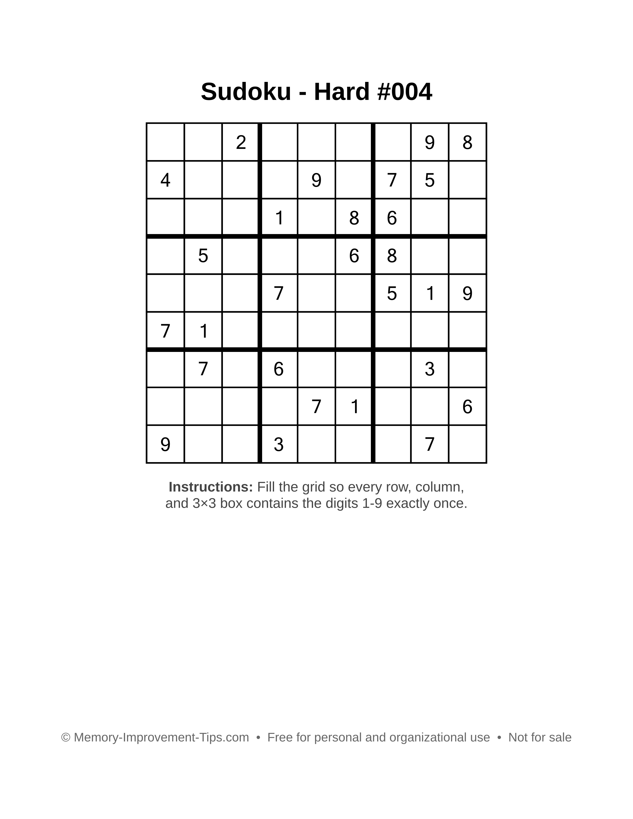 Free printable Sudoku puzzle Hard #004