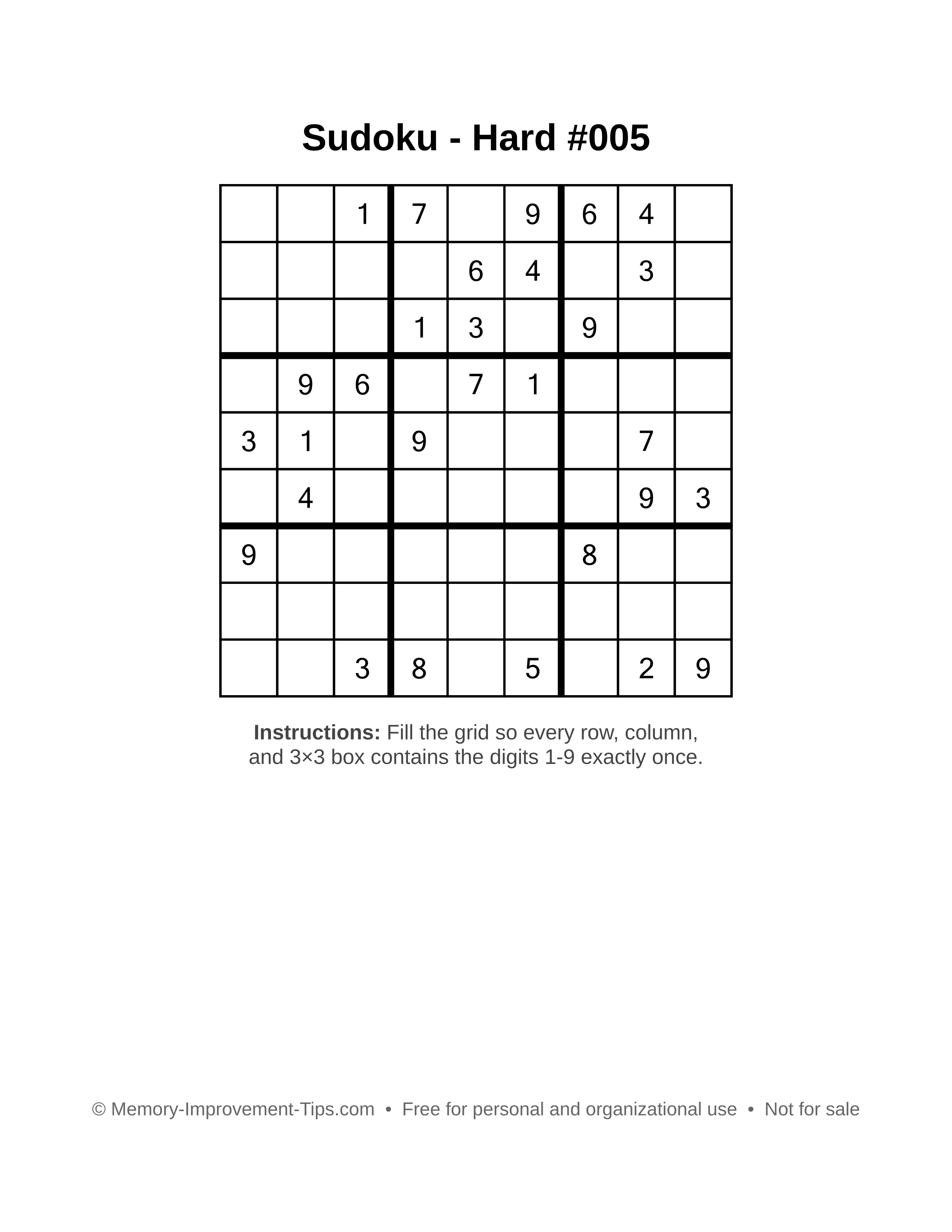 Free printable Sudoku puzzle Hard #005