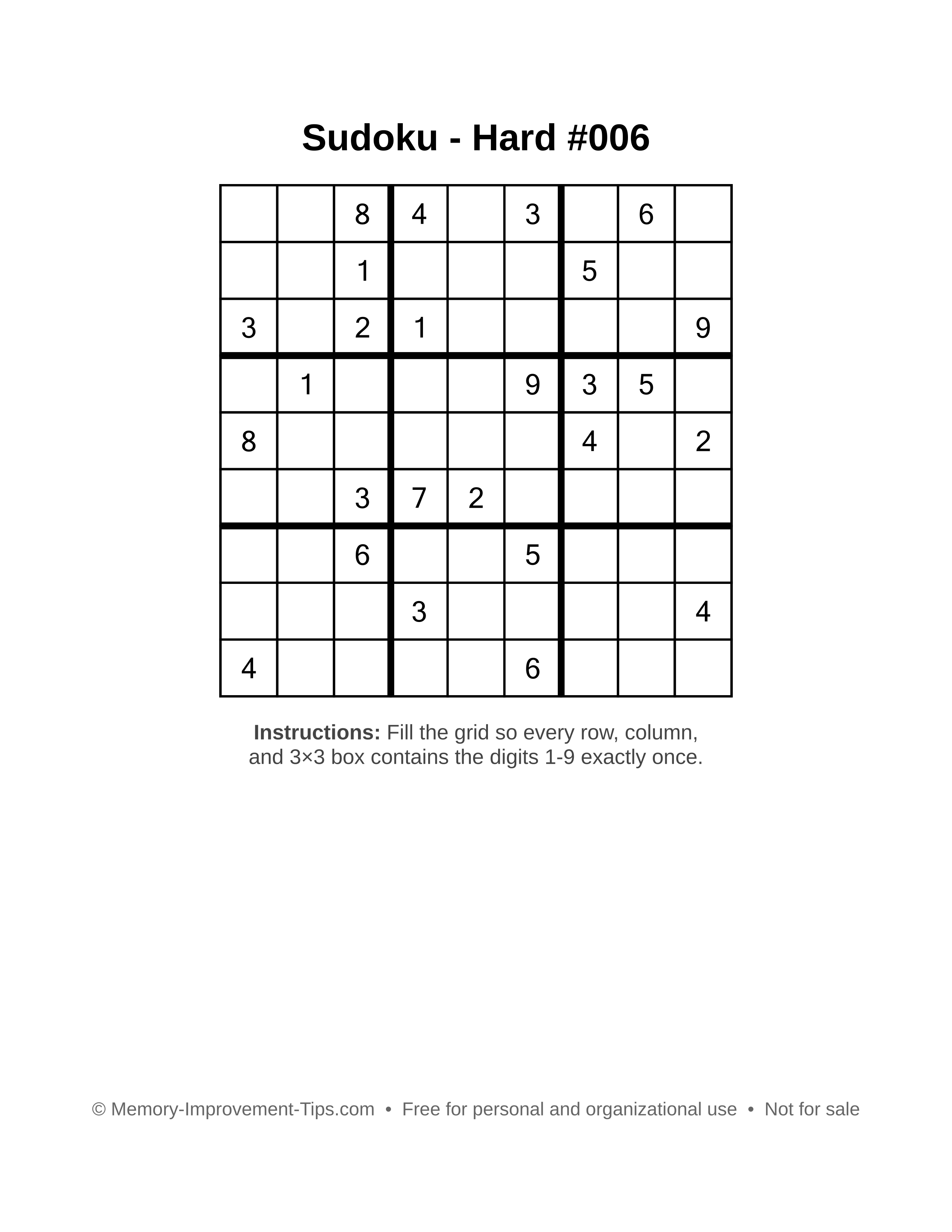 Free printable Sudoku puzzle Hard #006