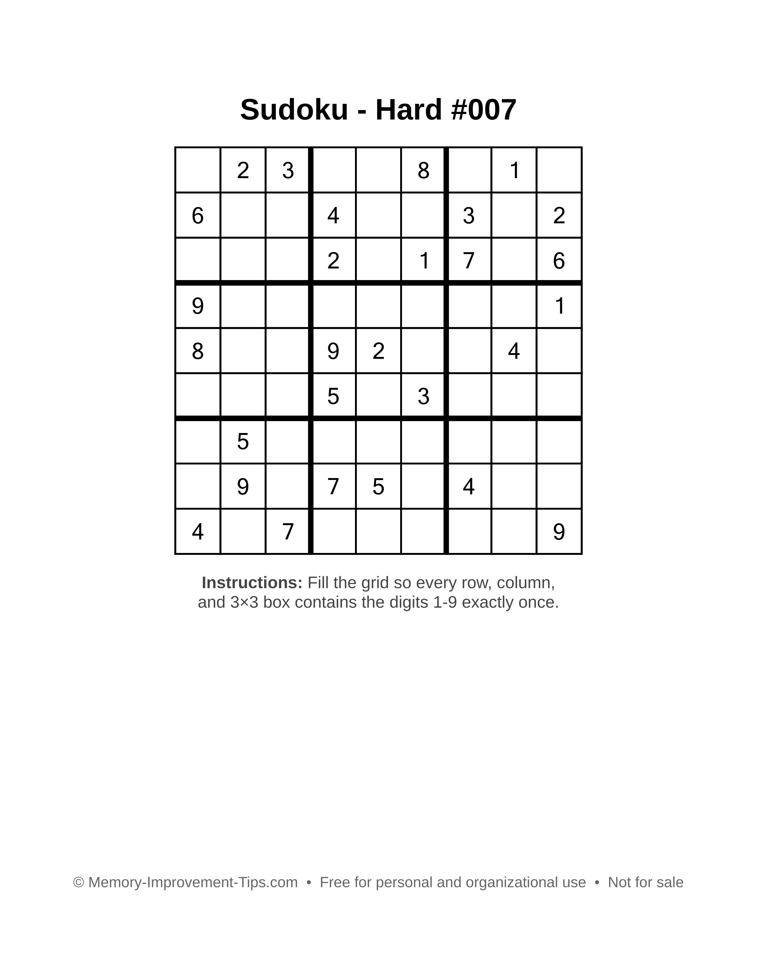 Free printable Sudoku puzzle Hard #007