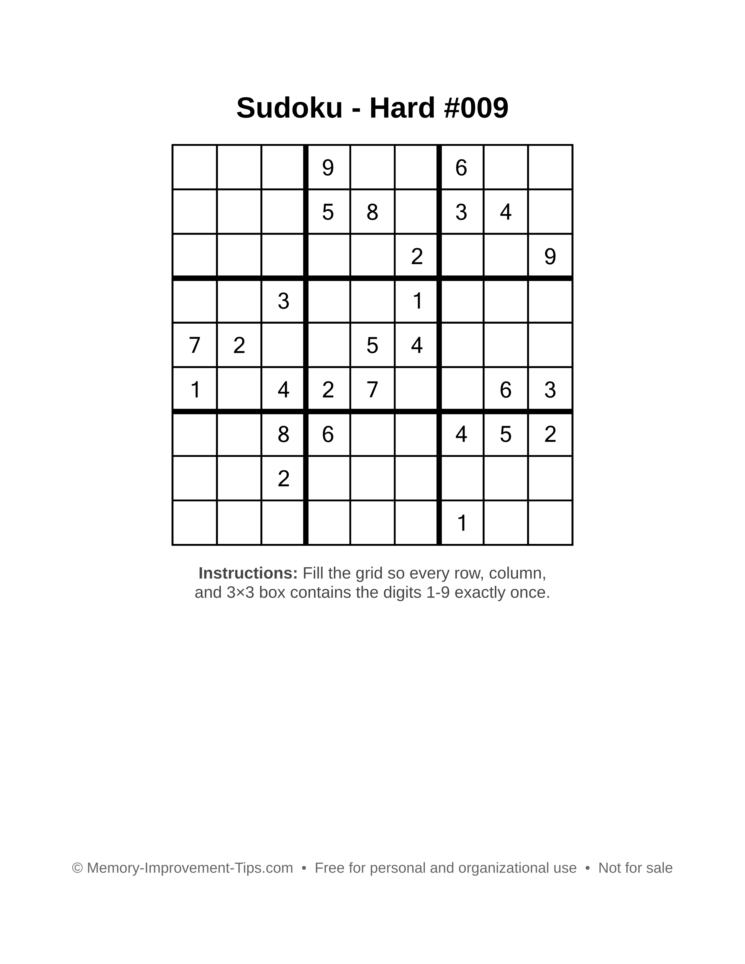 Free printable Sudoku puzzle Hard #009