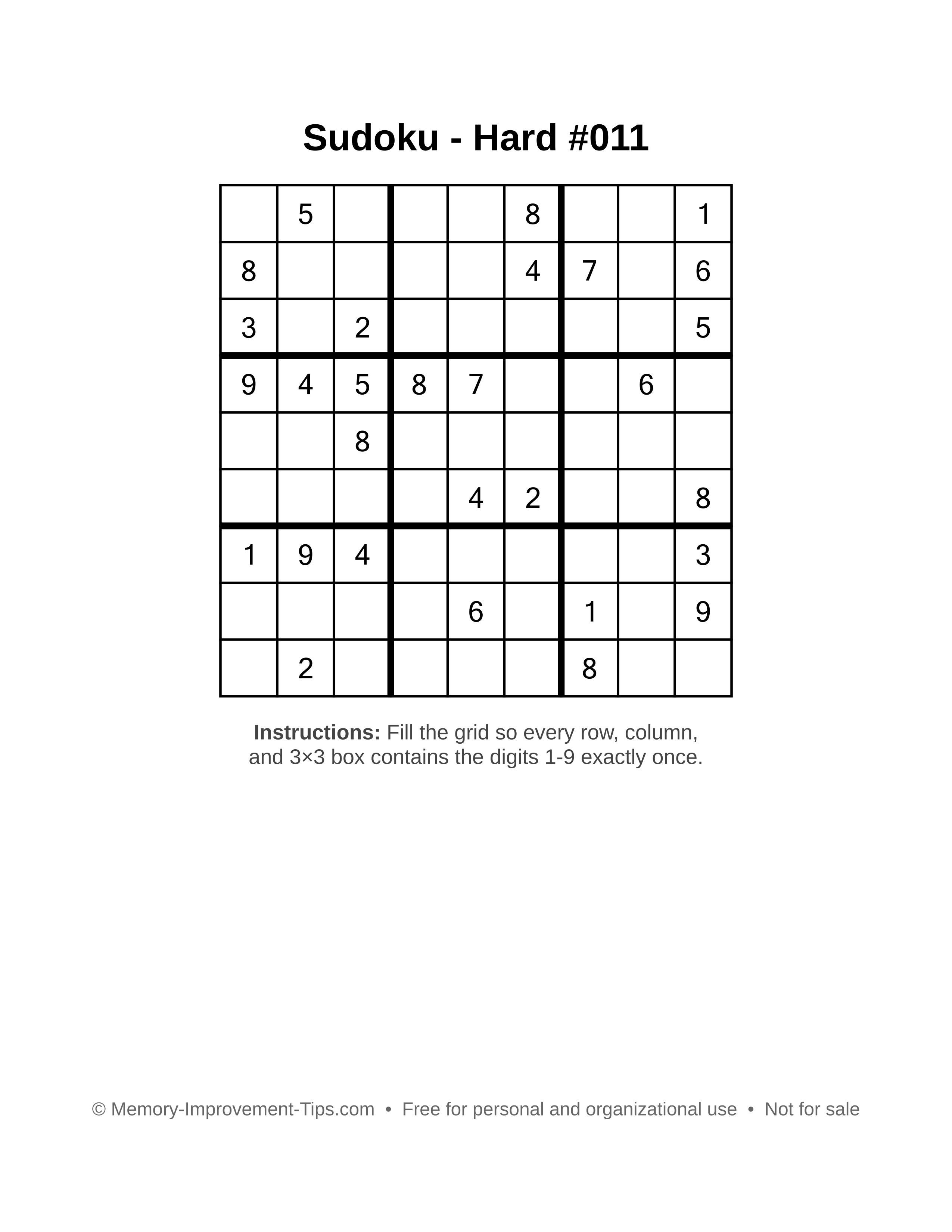 Free printable Sudoku puzzle Hard #011