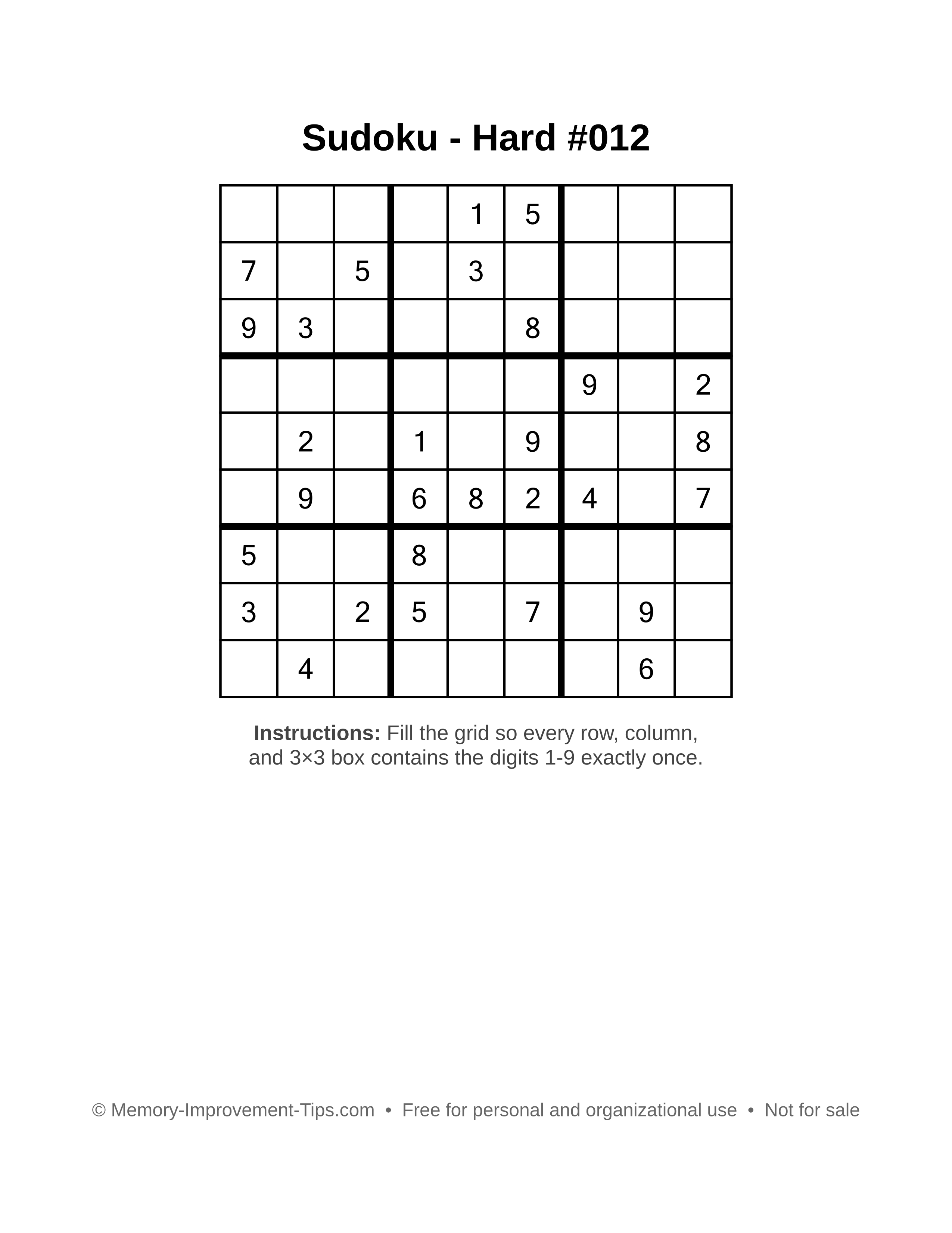Free printable Sudoku puzzle Hard #012