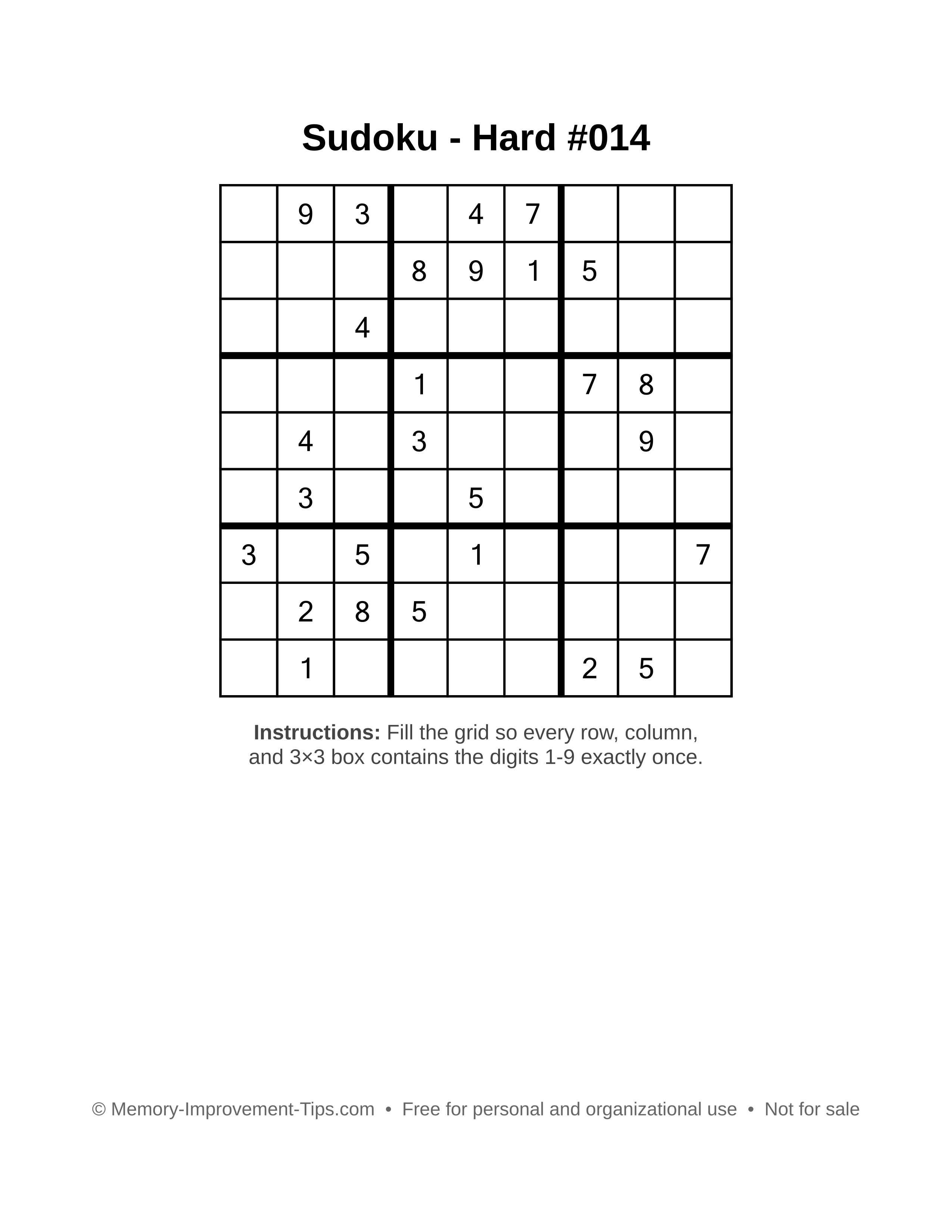 Free printable Sudoku puzzle Hard #014
