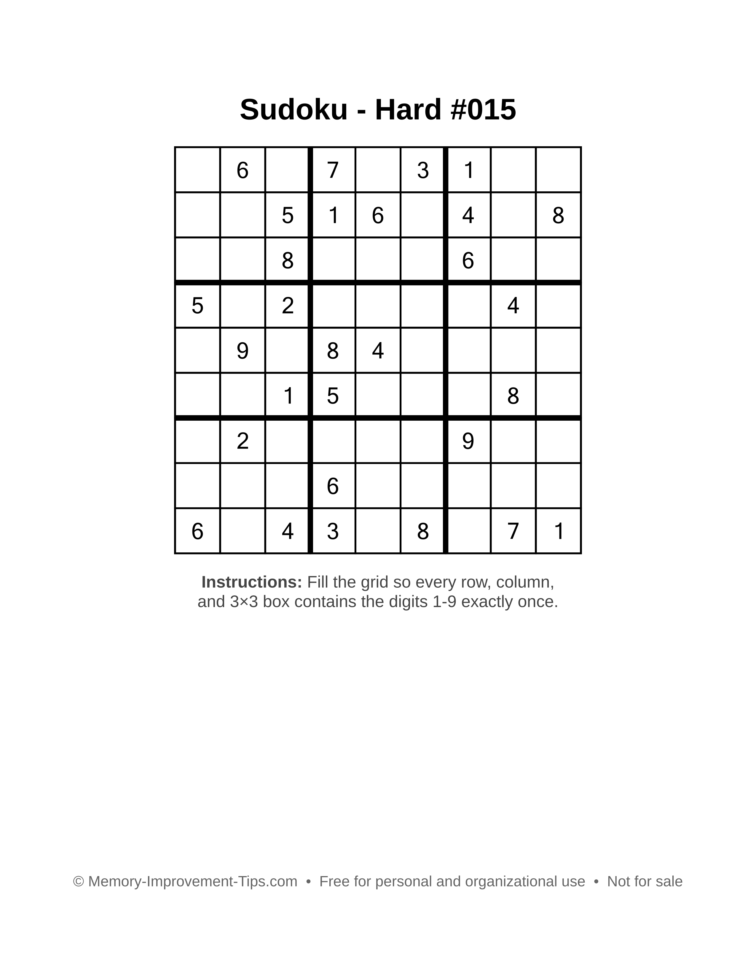 Free printable Sudoku puzzle Hard #015