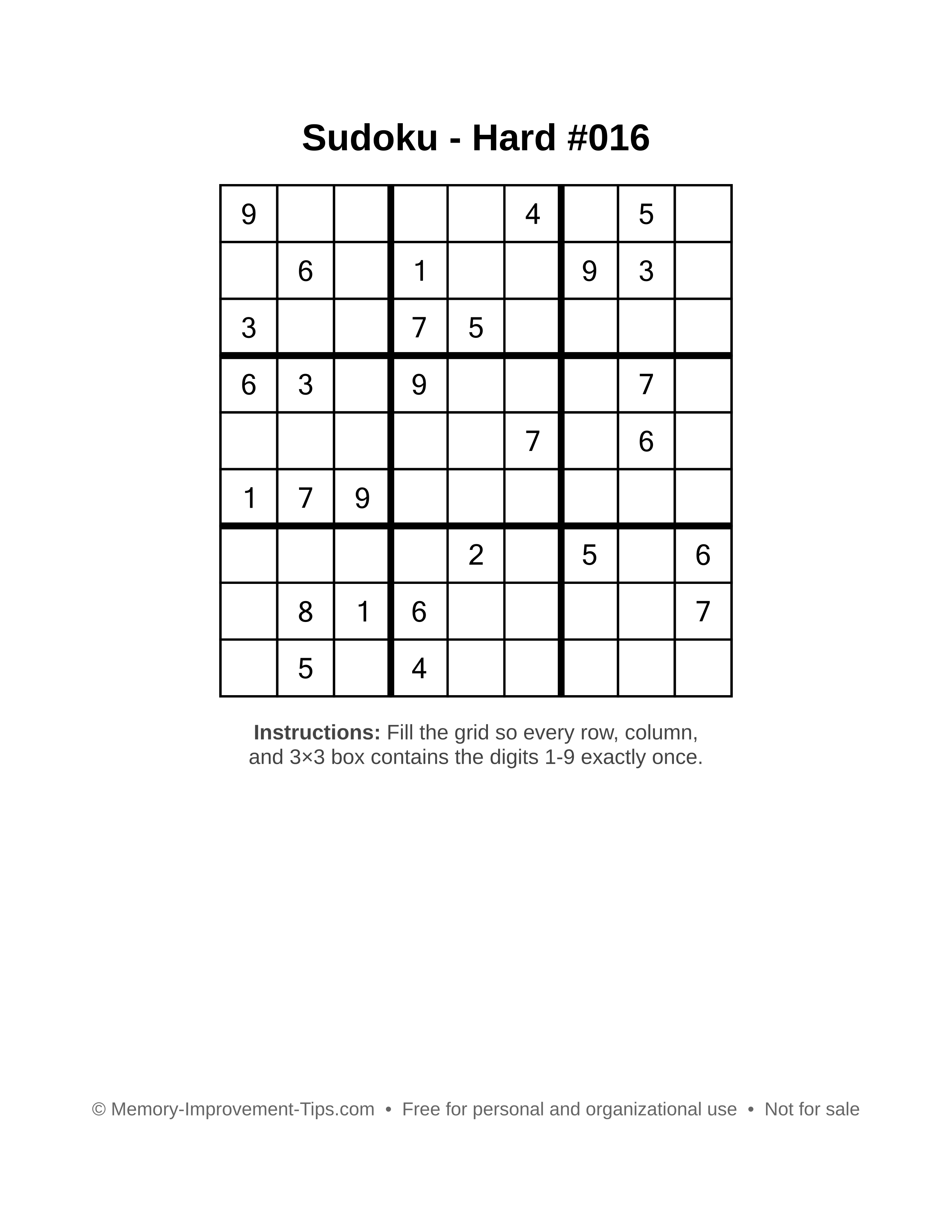 Free printable Sudoku puzzle Hard #016