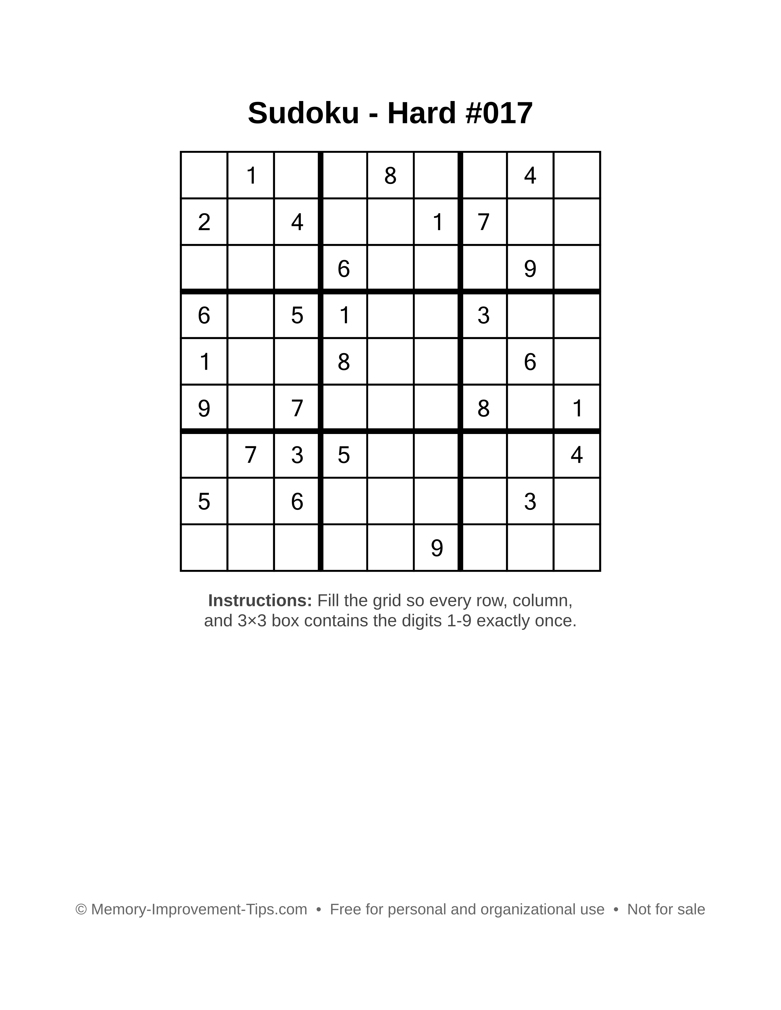 Free printable Sudoku puzzle Hard #017