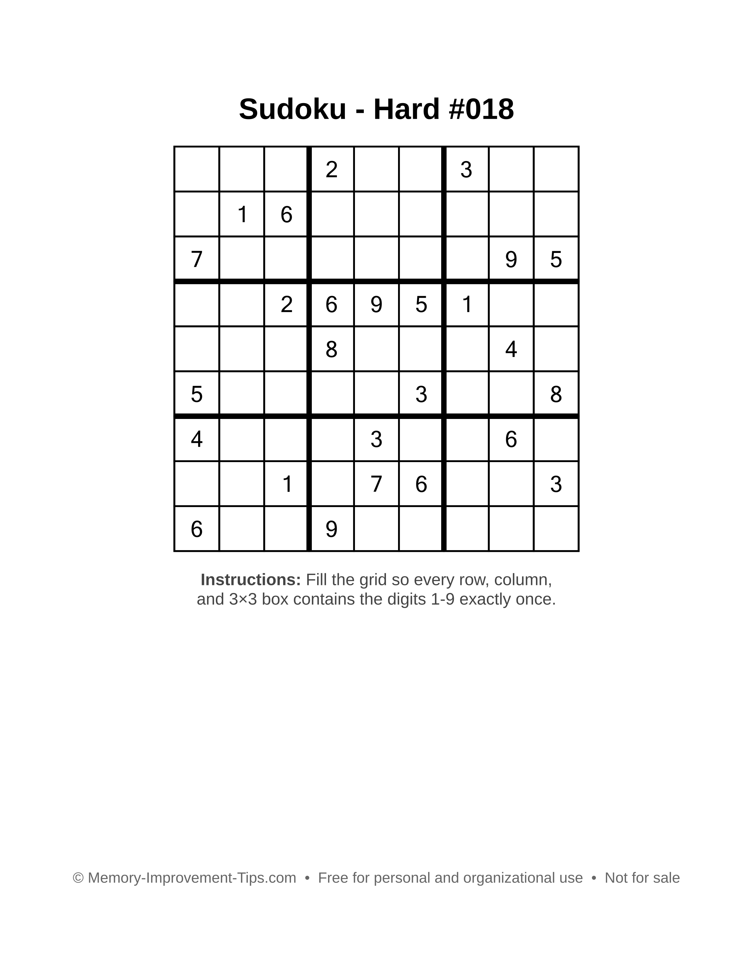 Free printable Sudoku puzzle Hard #018