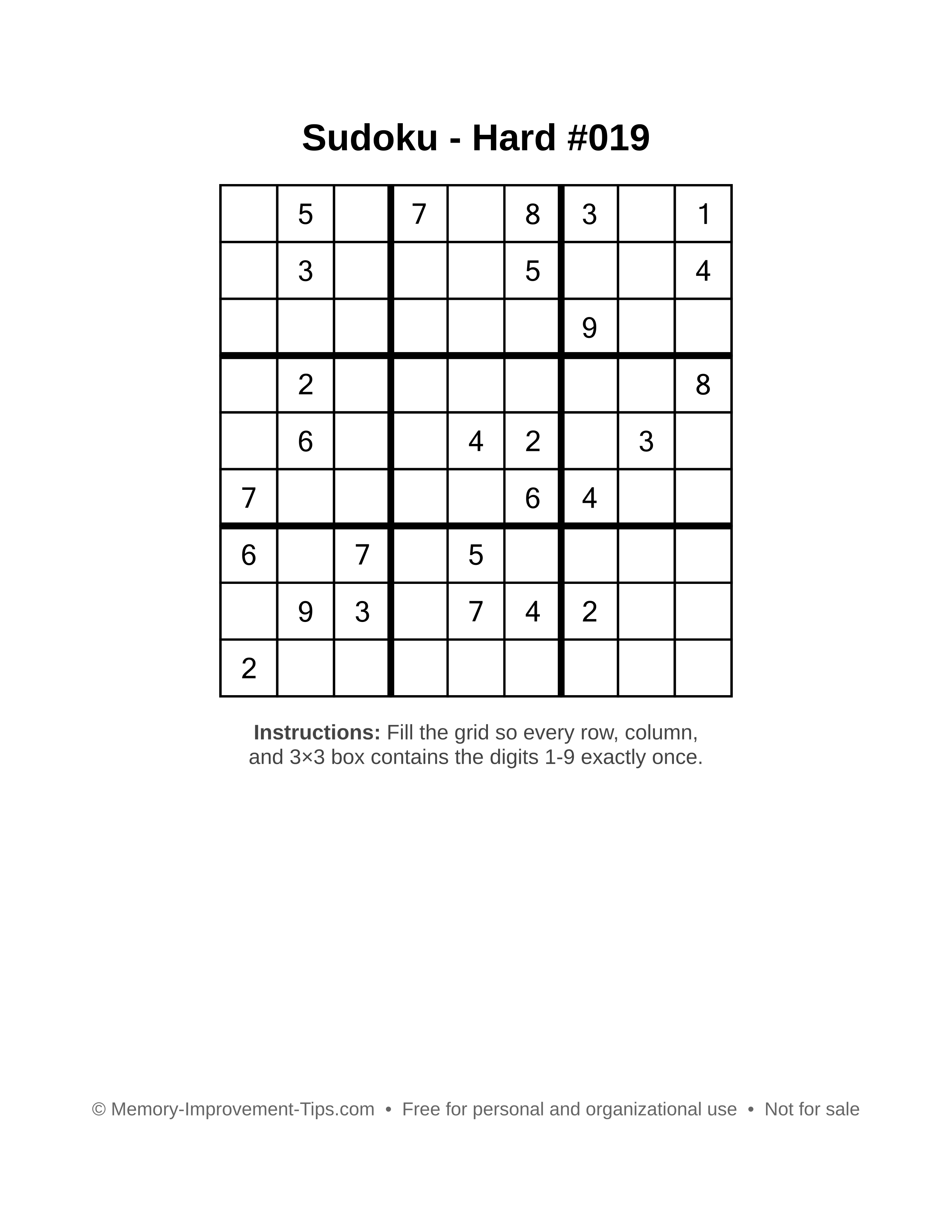 Free printable Sudoku puzzle Hard #019
