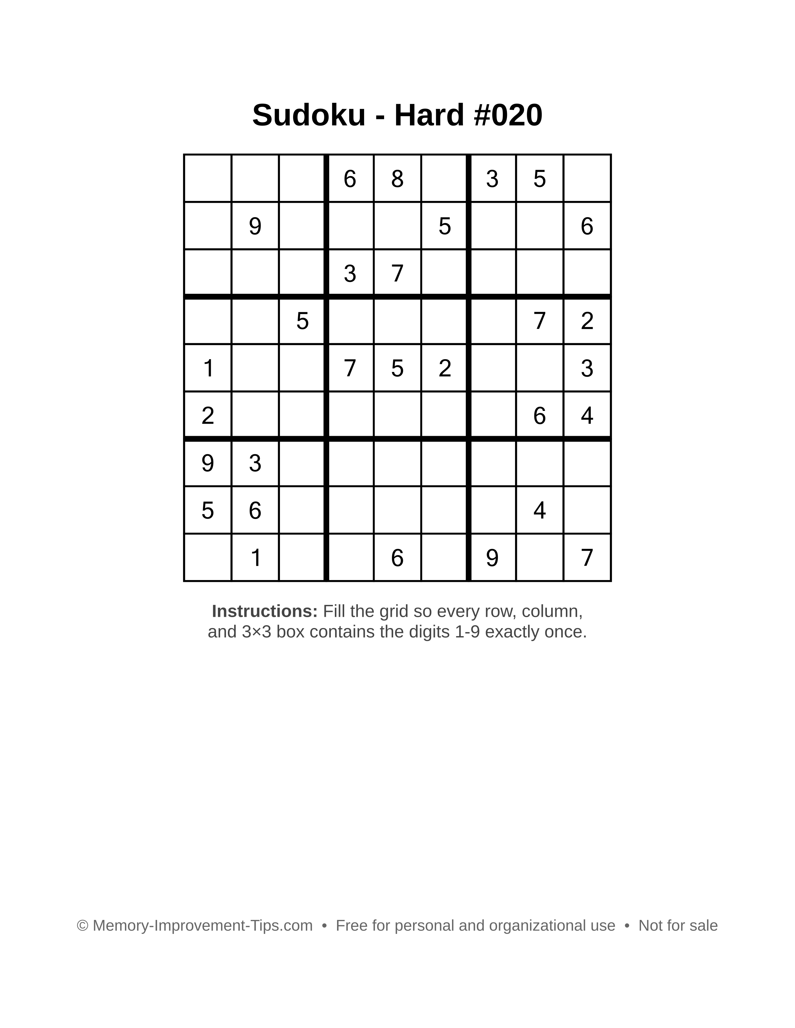Free printable Sudoku puzzle Hard #020