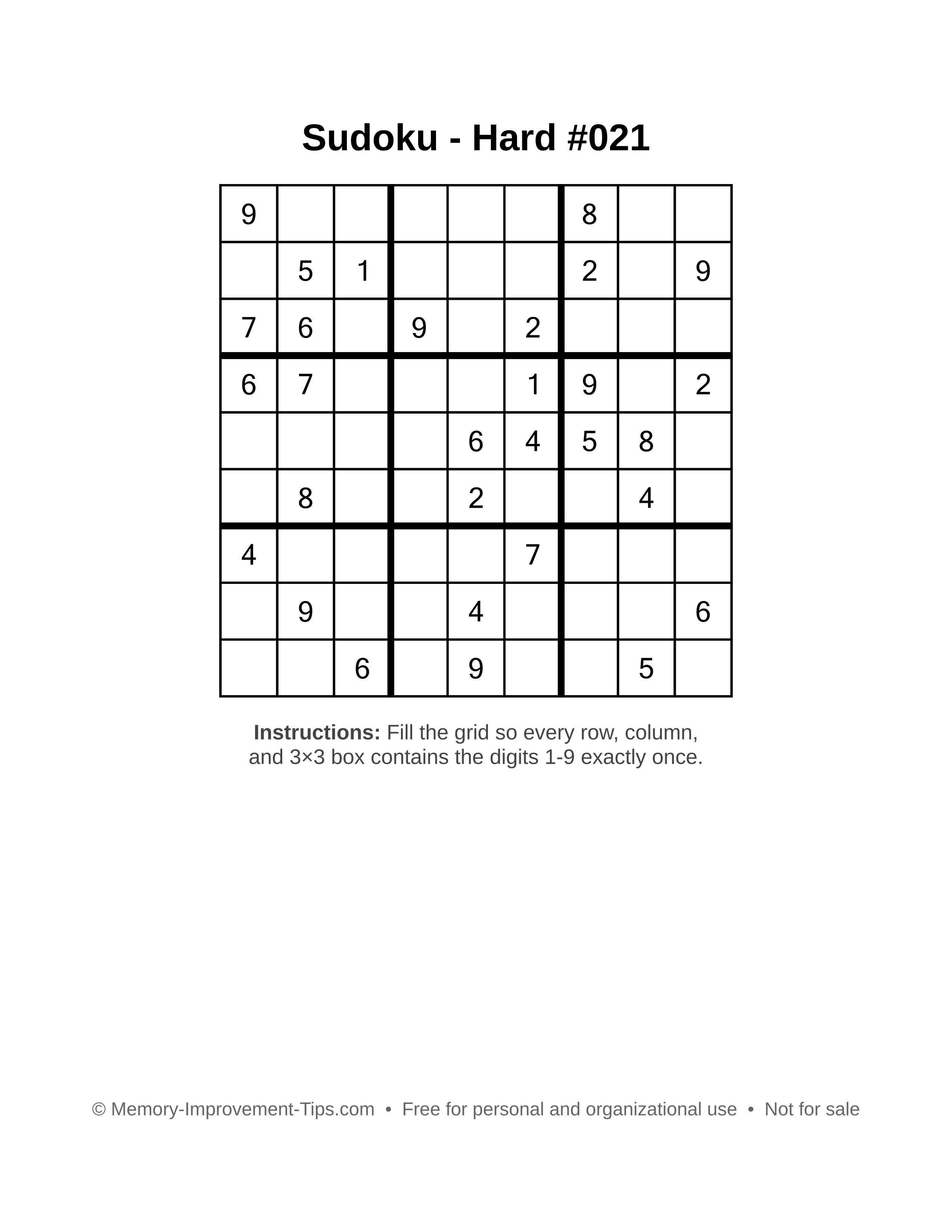 Free printable Sudoku puzzle Hard #021