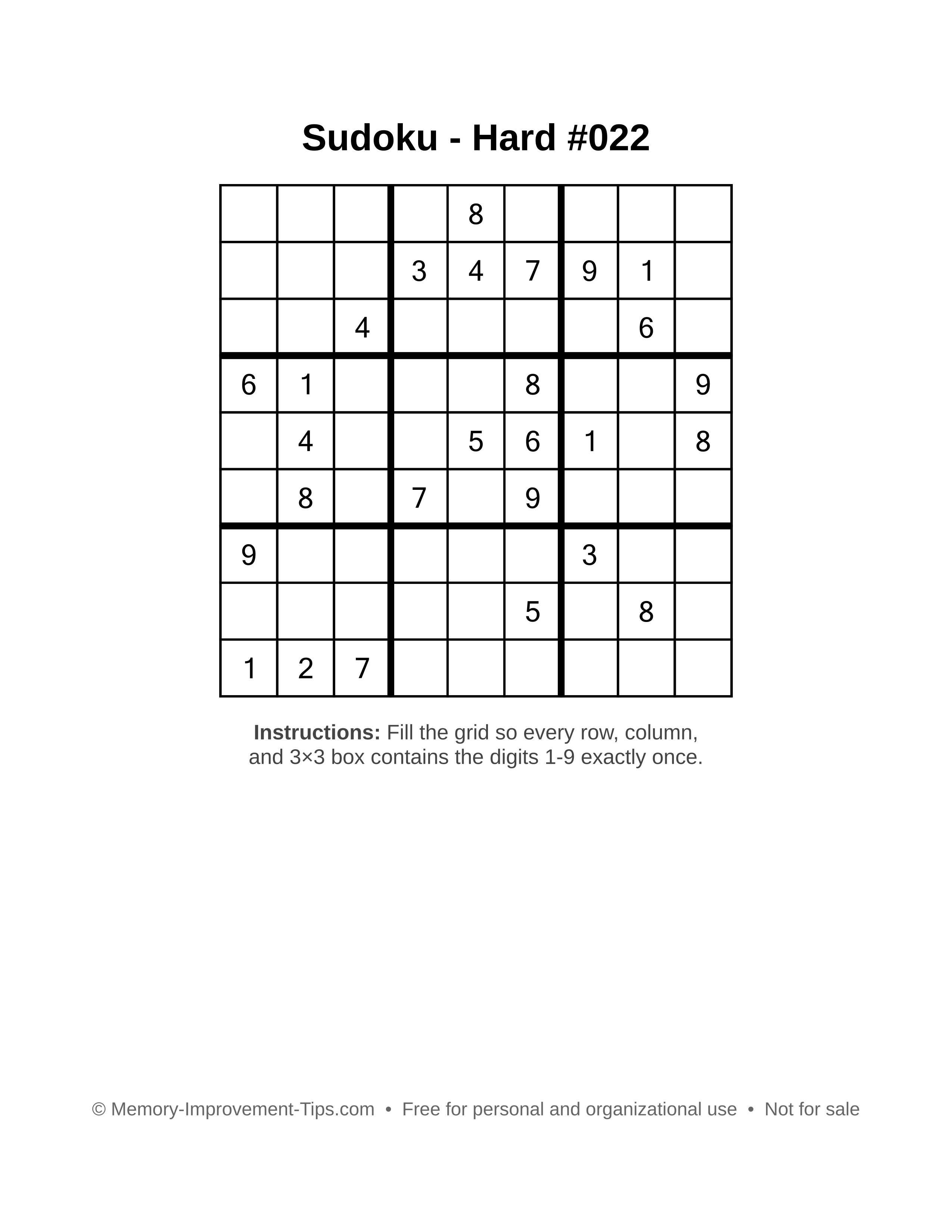 Free printable Sudoku puzzle Hard #022