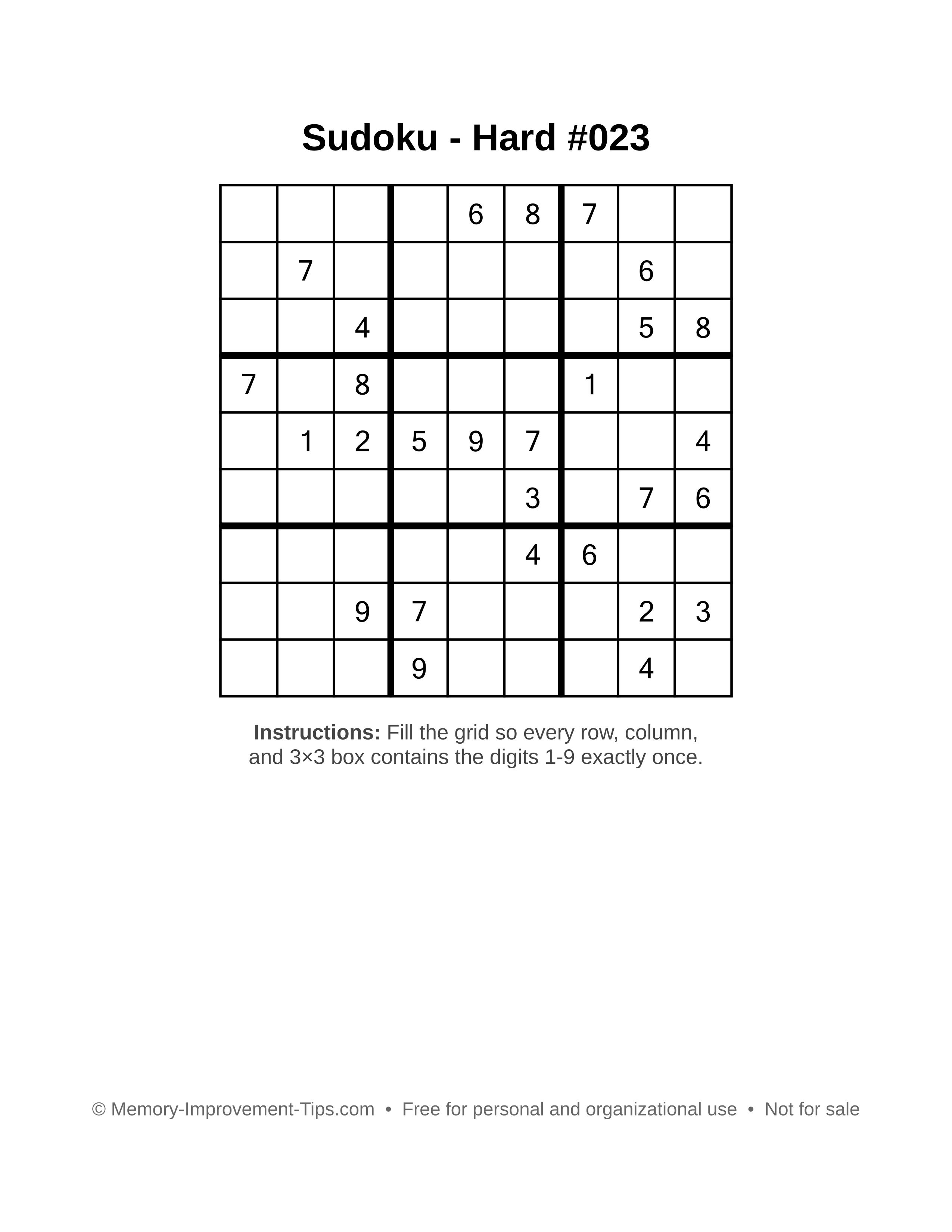 Free printable Sudoku puzzle Hard #023