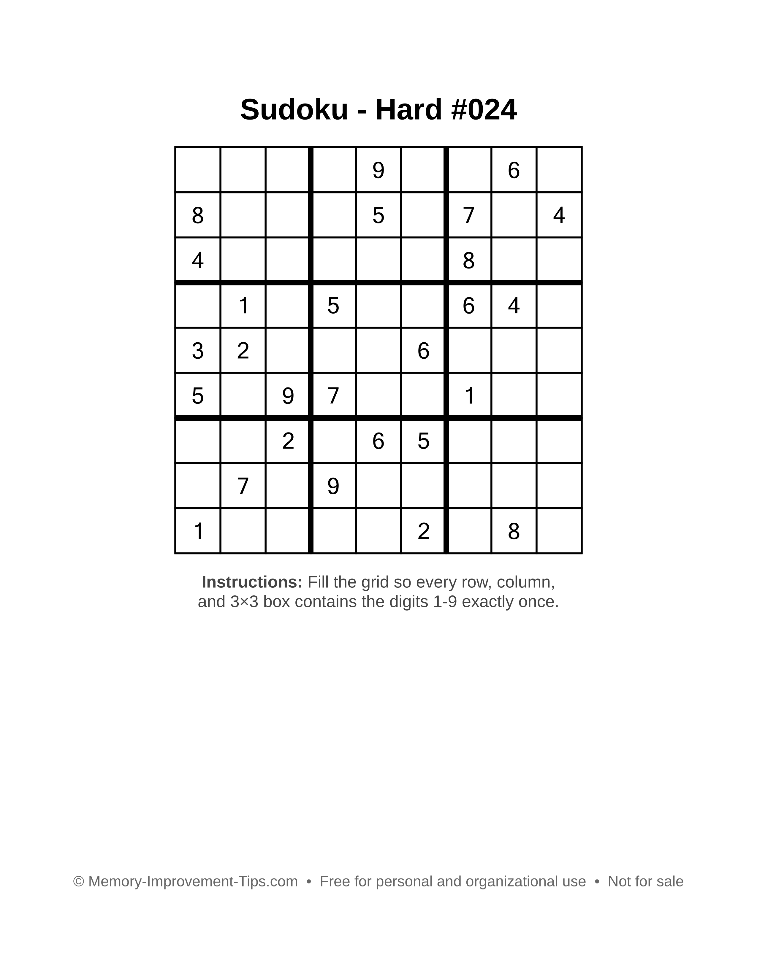 Free printable Sudoku puzzle Hard #024