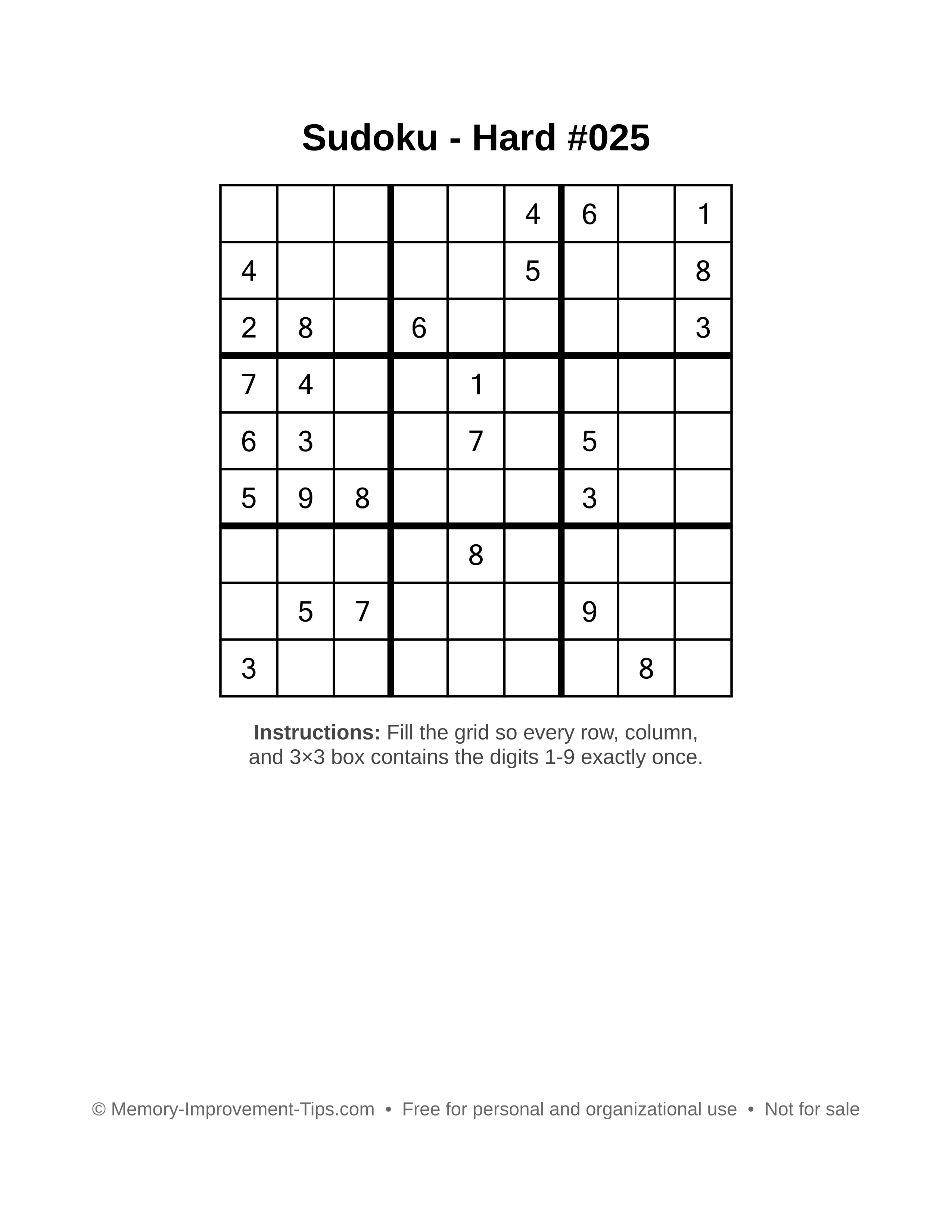 Free printable Sudoku puzzle Hard #025