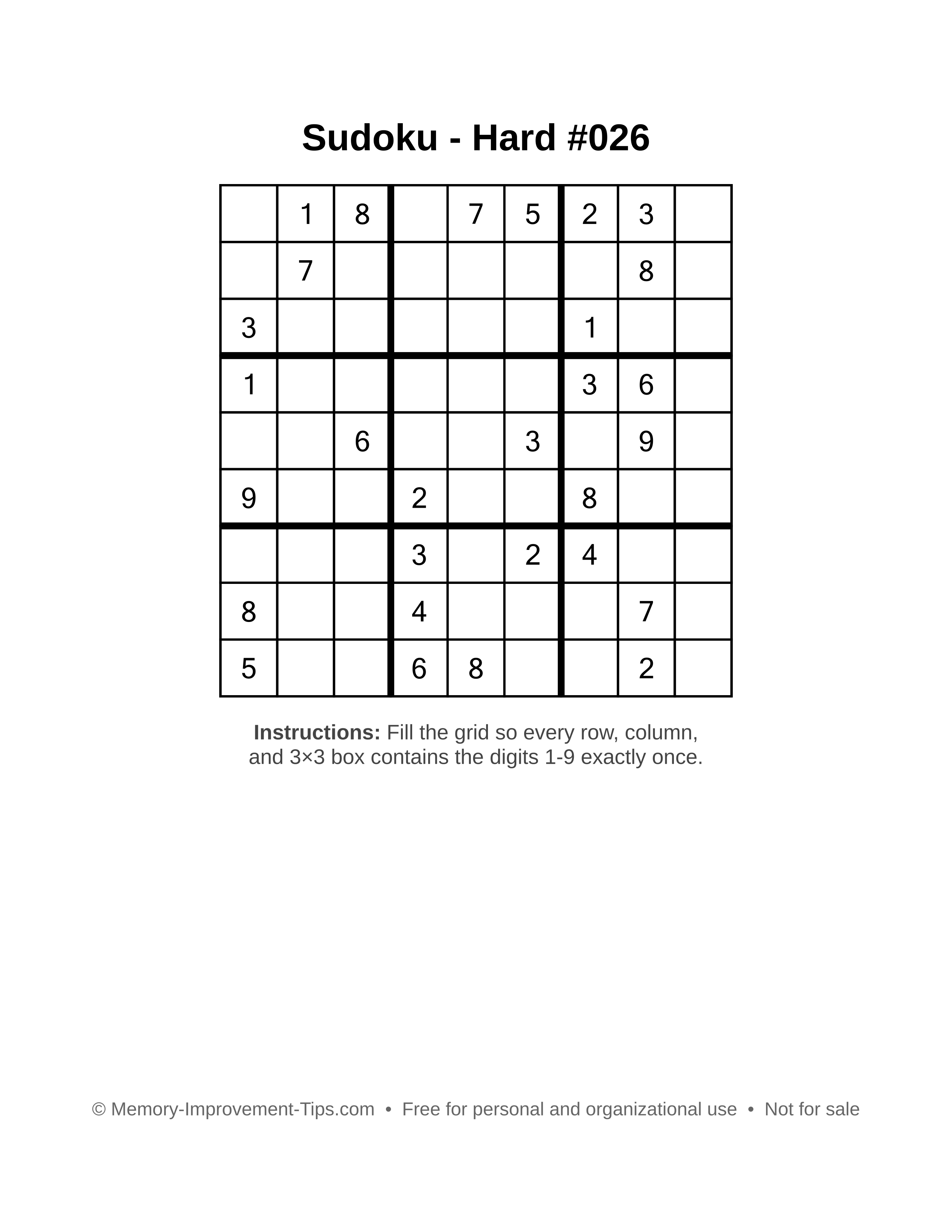 Free printable Sudoku puzzle Hard #026