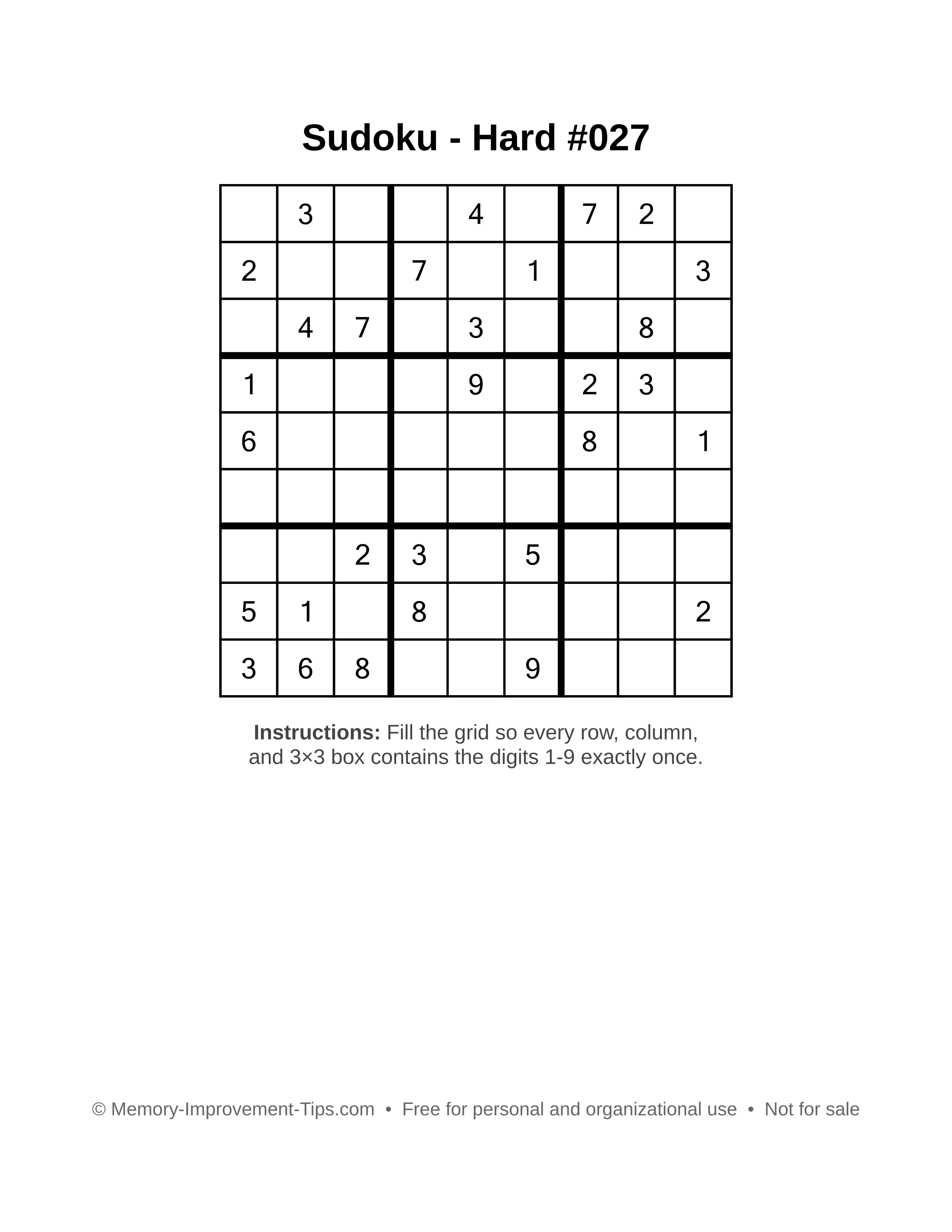 Free printable Sudoku puzzle Hard #027