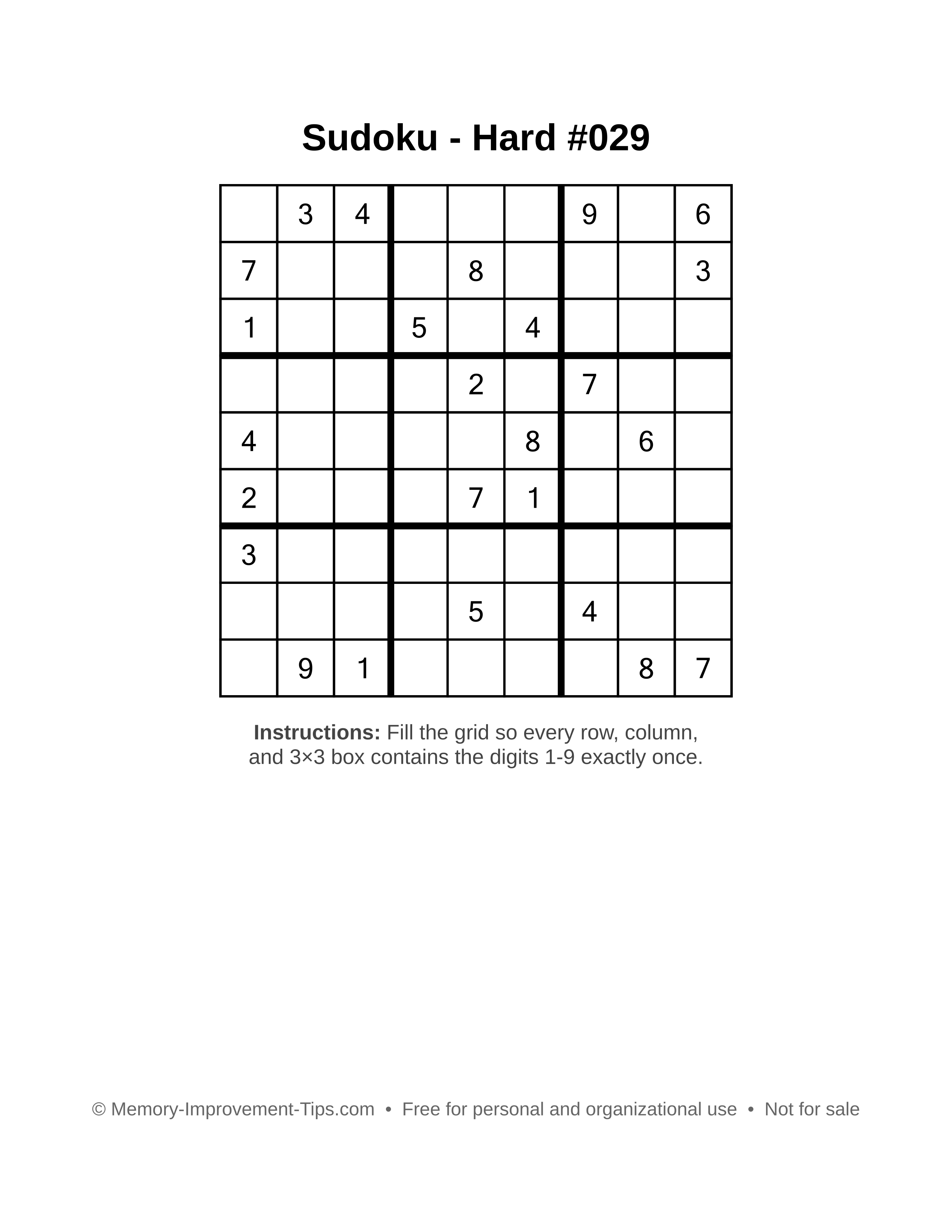 Free printable Sudoku puzzle Hard #029
