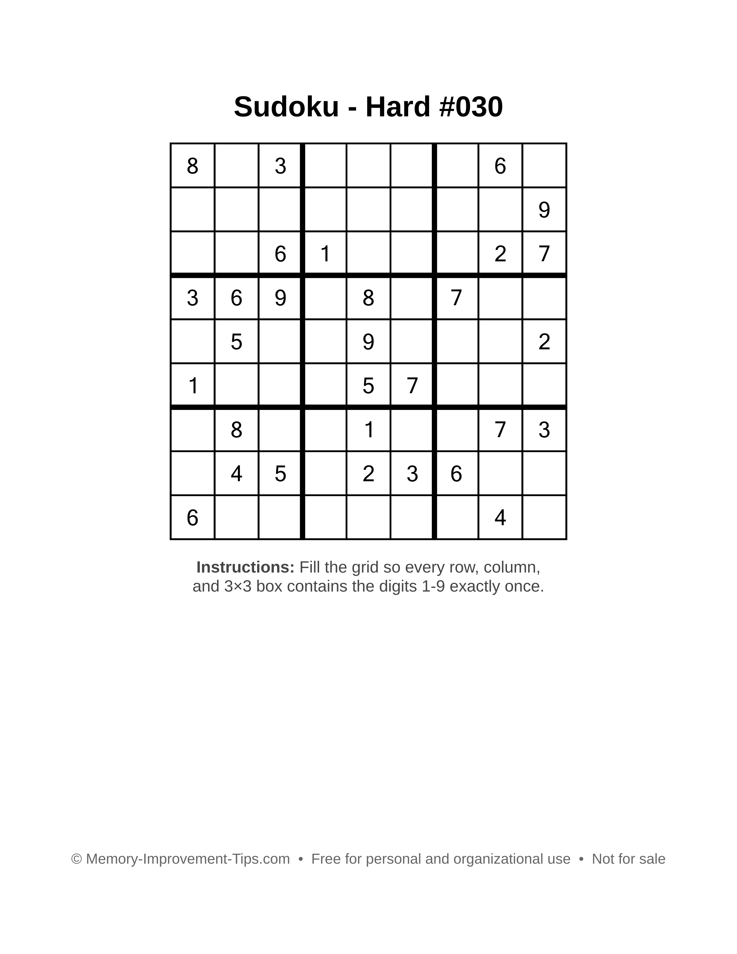 Free printable Sudoku puzzle Hard #030