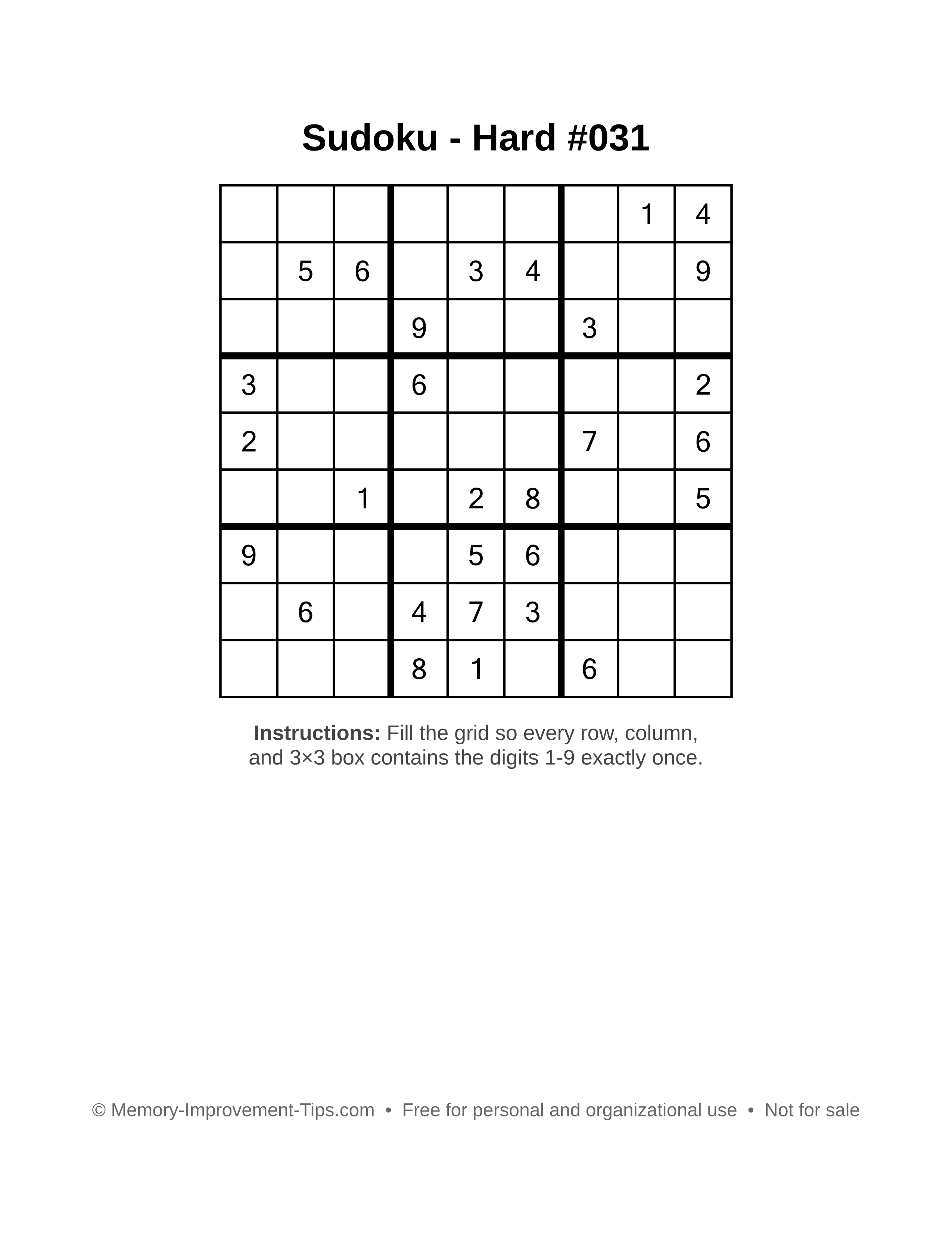 Free printable Sudoku puzzle Hard #031