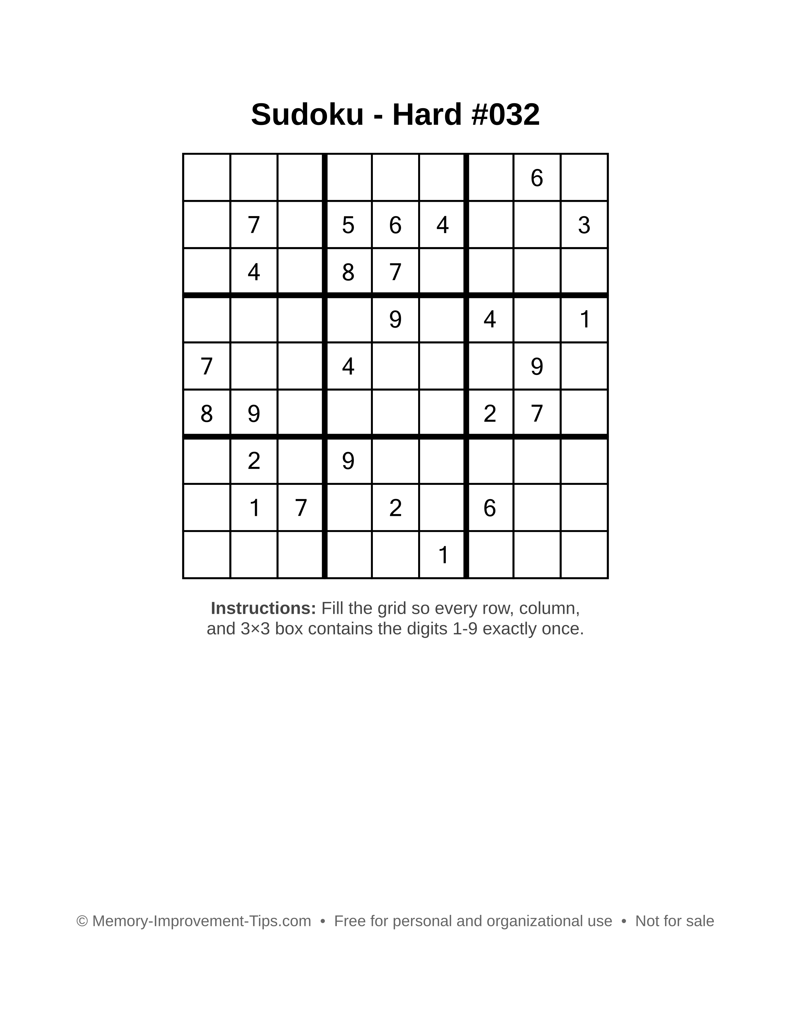 Free printable Sudoku puzzle Hard #032