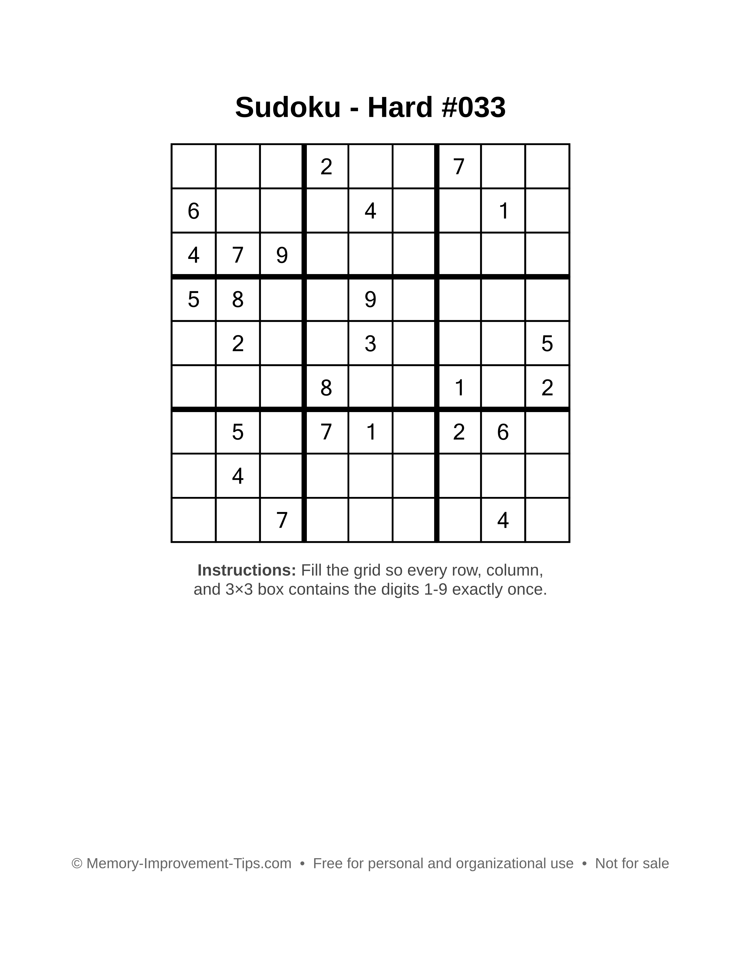 Free printable Sudoku puzzle Hard #033