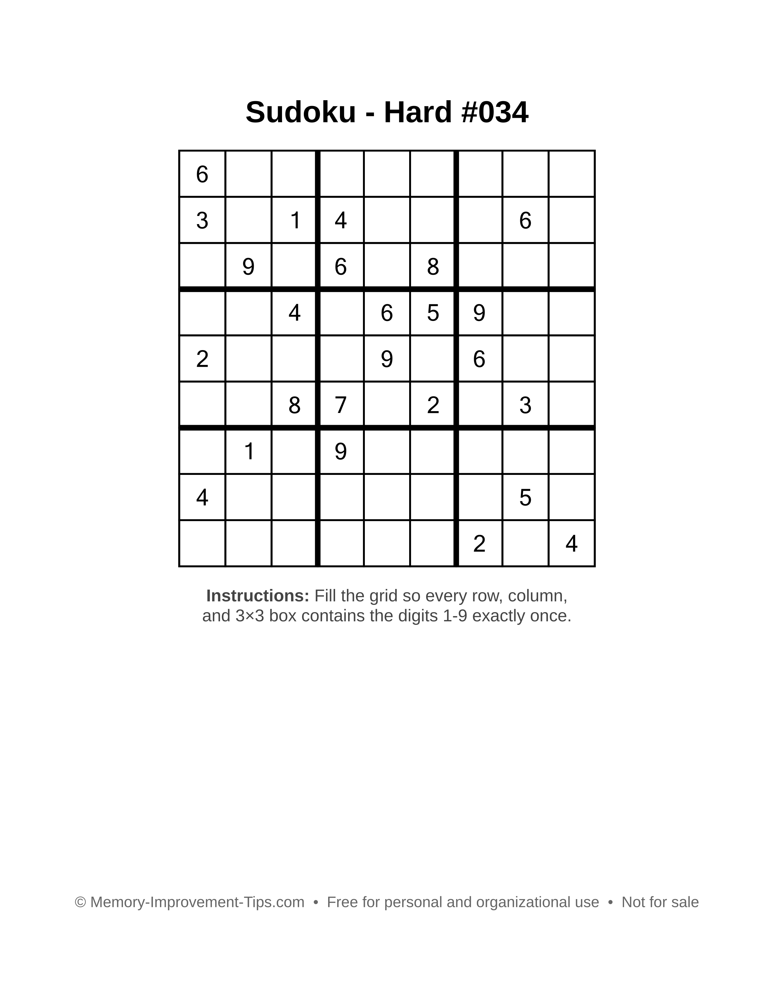 Free printable Sudoku puzzle Hard #034