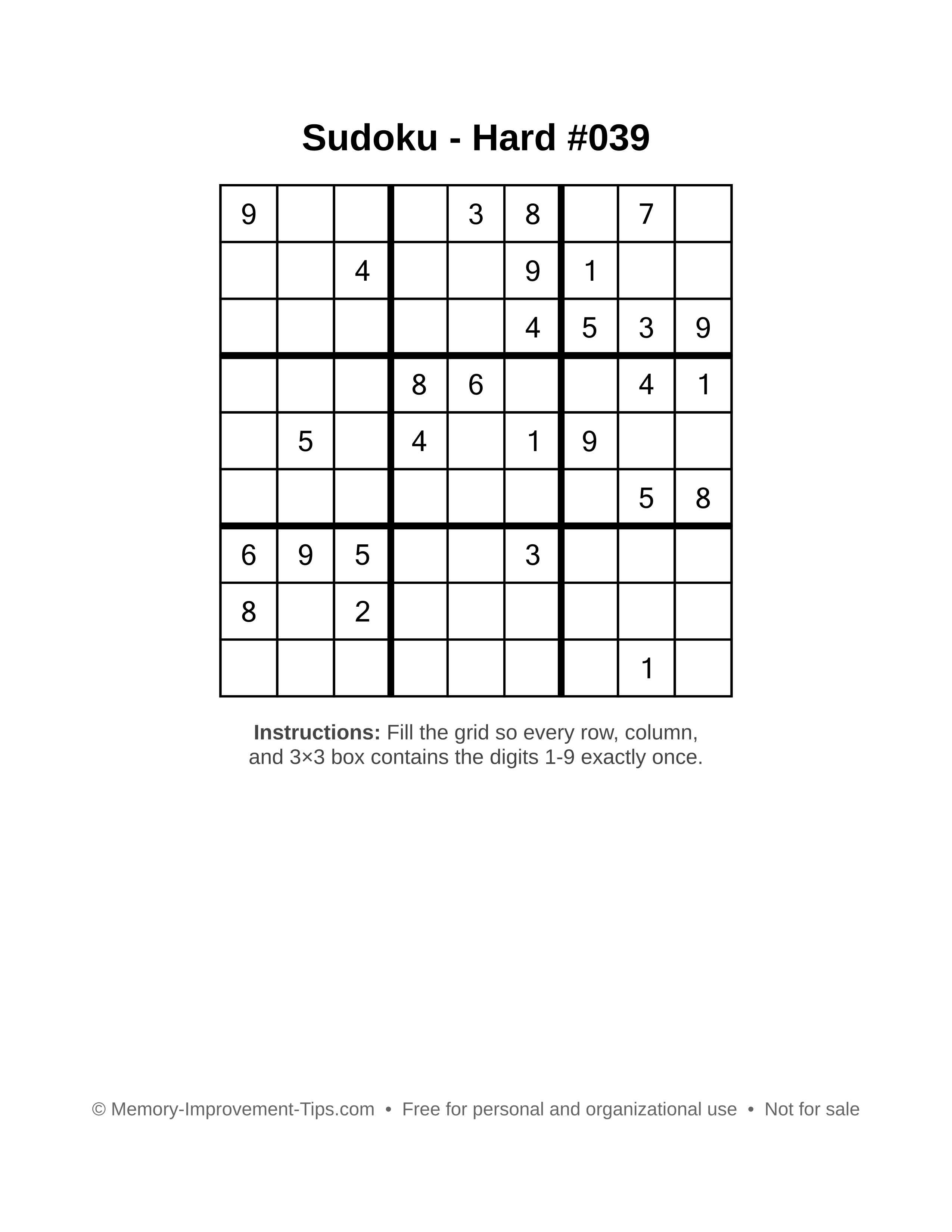 Free printable Sudoku puzzle Hard #039
