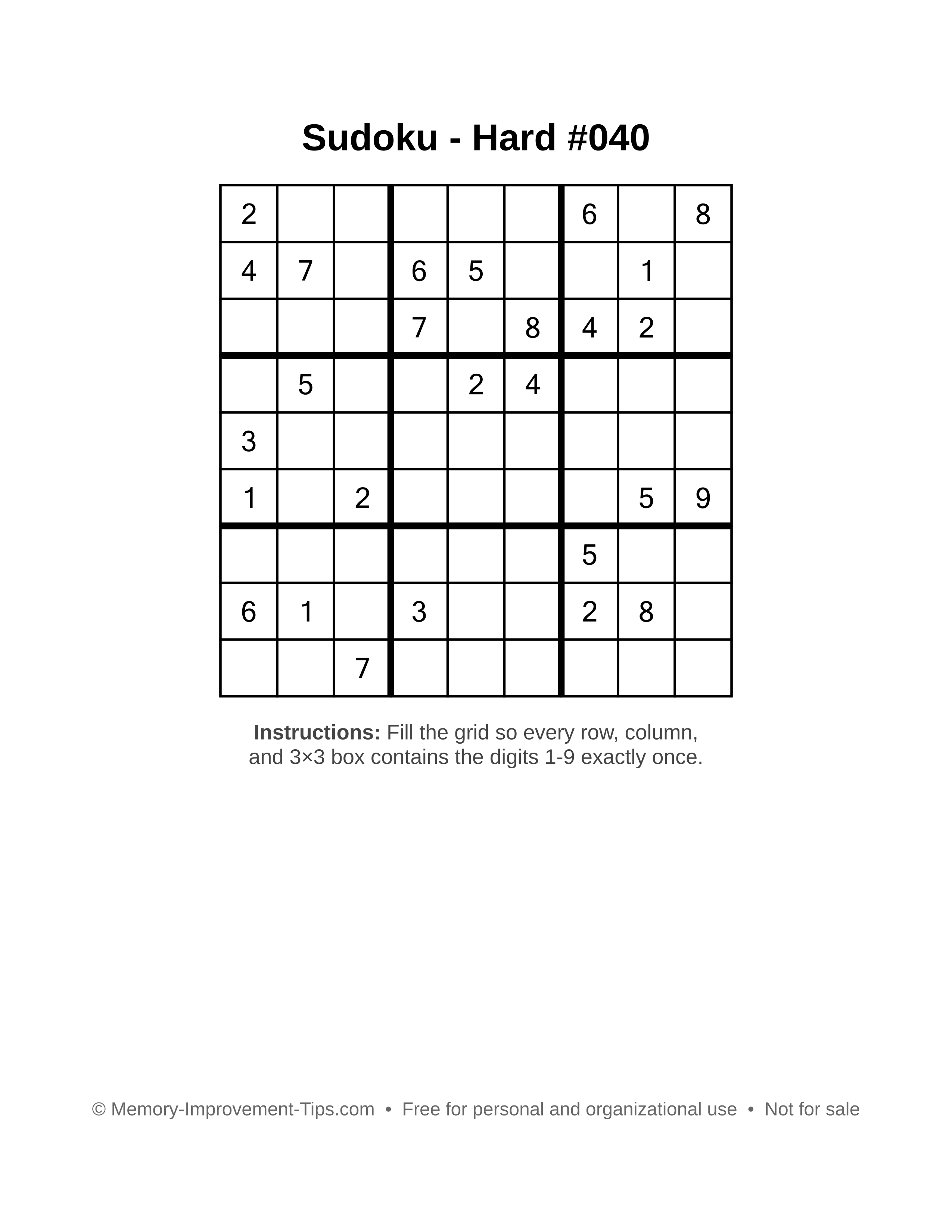 Free printable Sudoku puzzle Hard #040