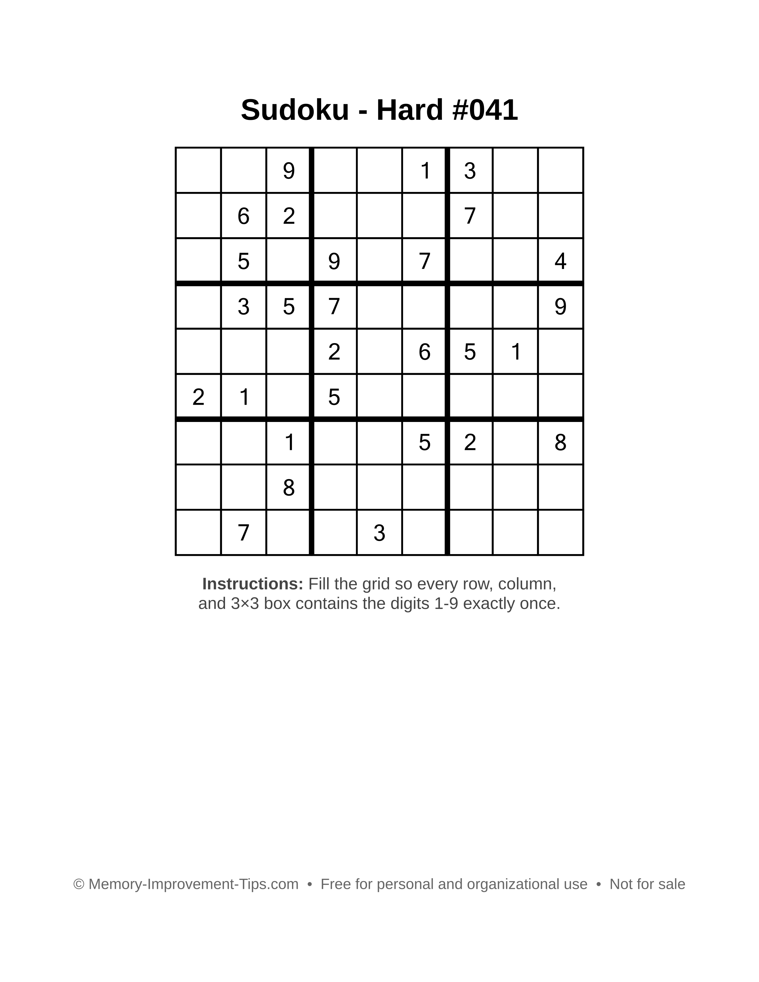 Free printable Sudoku puzzle Hard #041