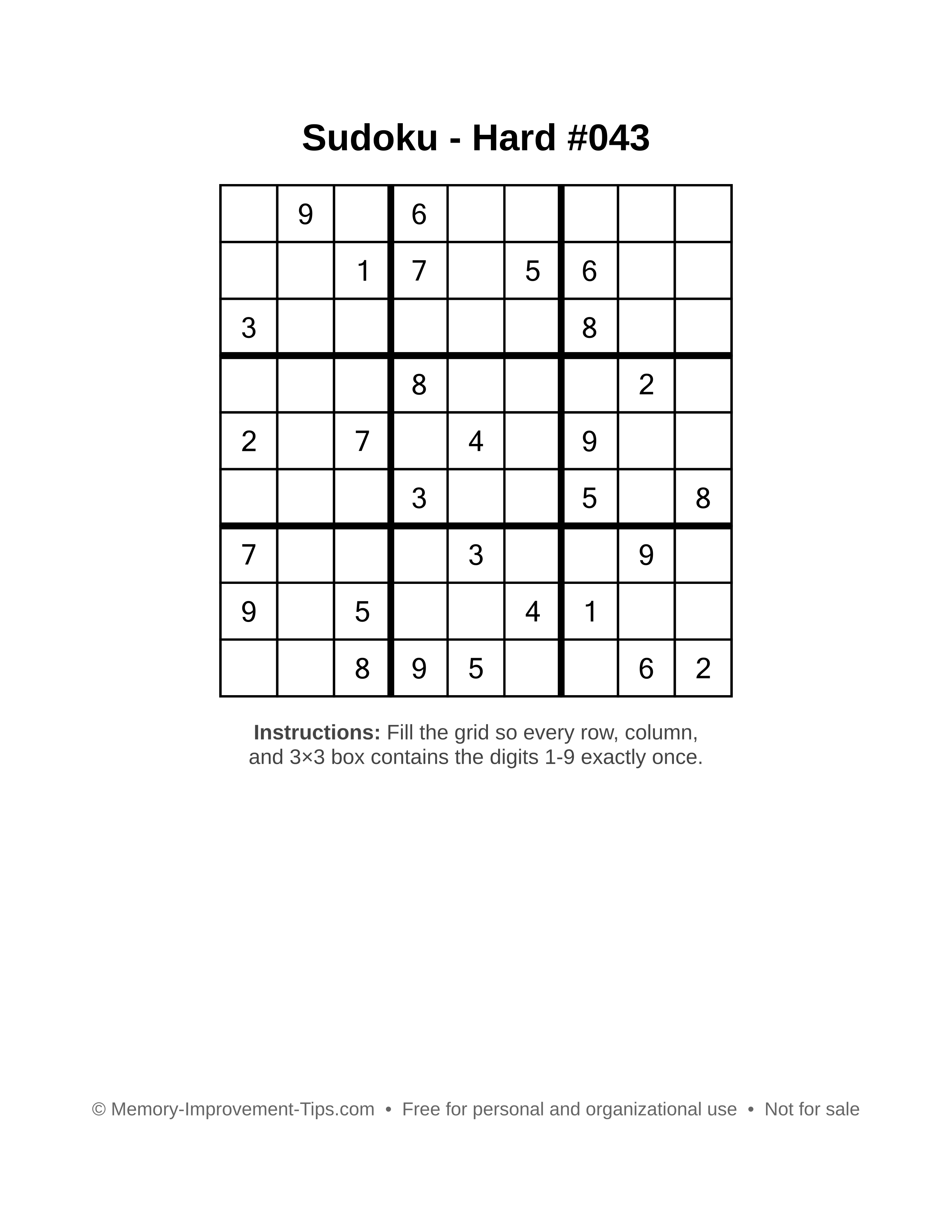 Free printable Sudoku puzzle Hard #043