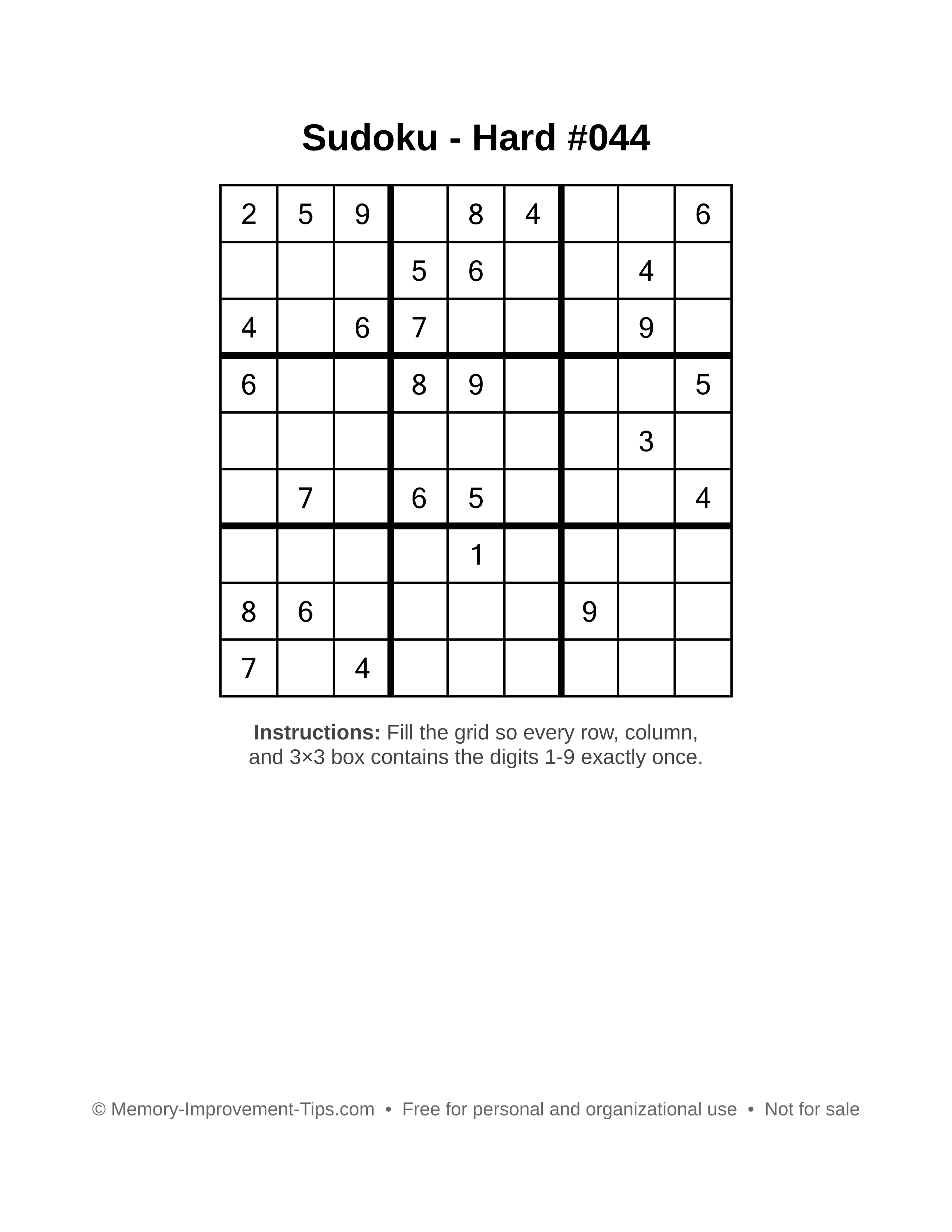 Free printable Sudoku puzzle Hard #044